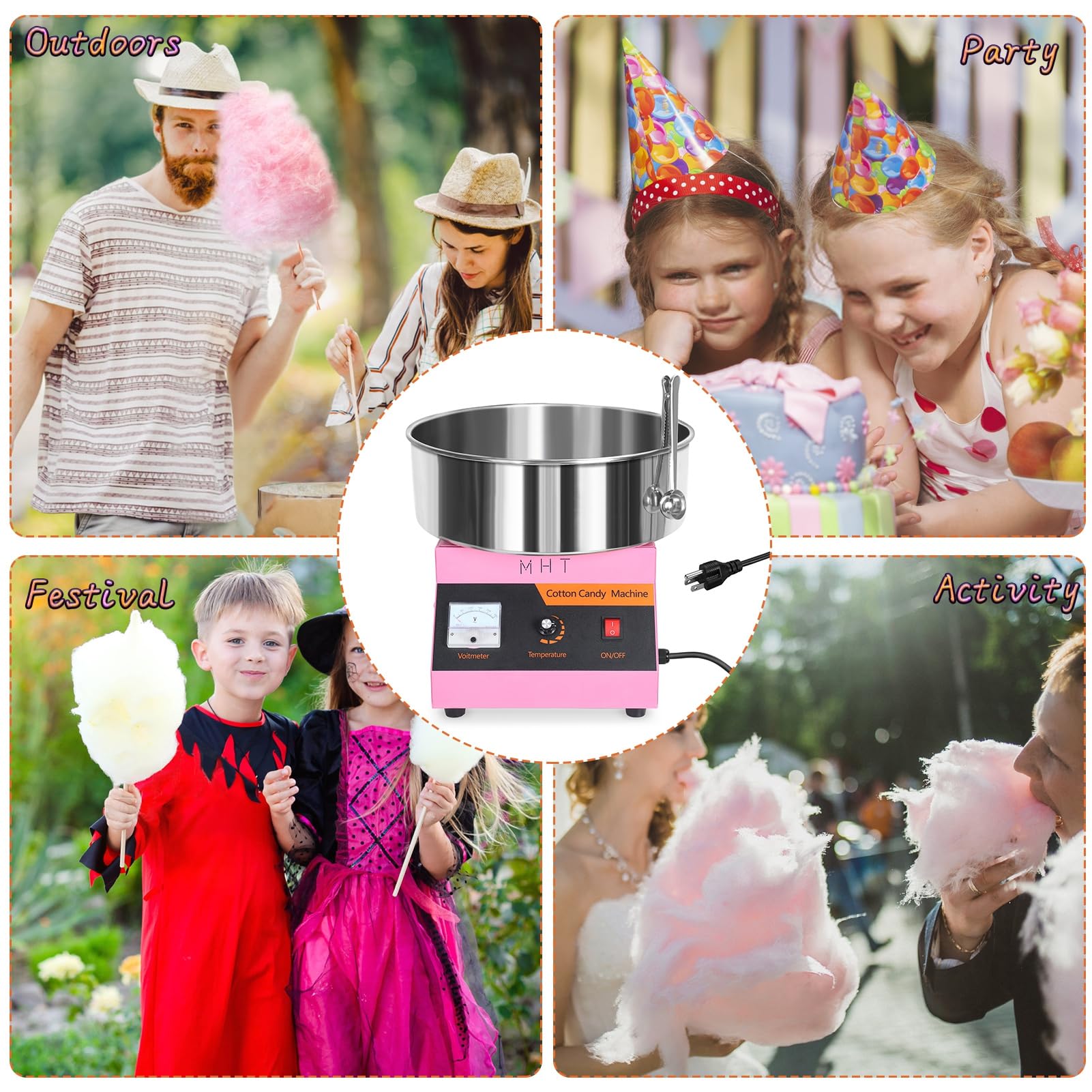 110V Commercial Electric Cotton Candy Machine - Candy Floss Maker for Home, Carnival, Kids Birthday & Family Parties - Includes Bowl & Spoon - Perfect for Events, Fairs, and Sweet Treats at Home