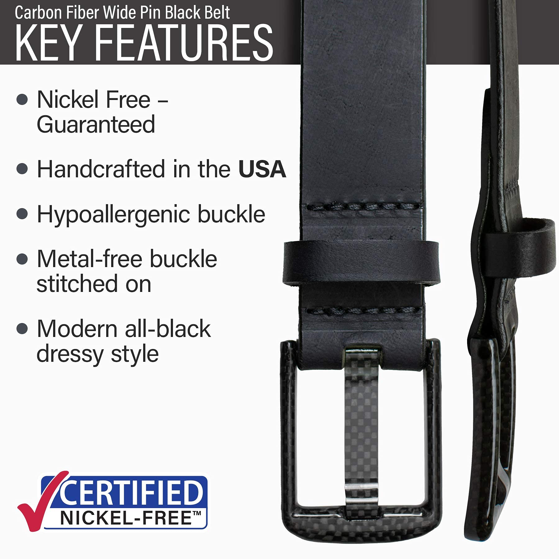 Premium Carbon Fiber Wide Pin Full Grain Leather Belt - Non-Metal, USA Made, TSA Friendly, Nickel Free Buckle | Durable Dress Belt for Business, Travel & Formal Occasions