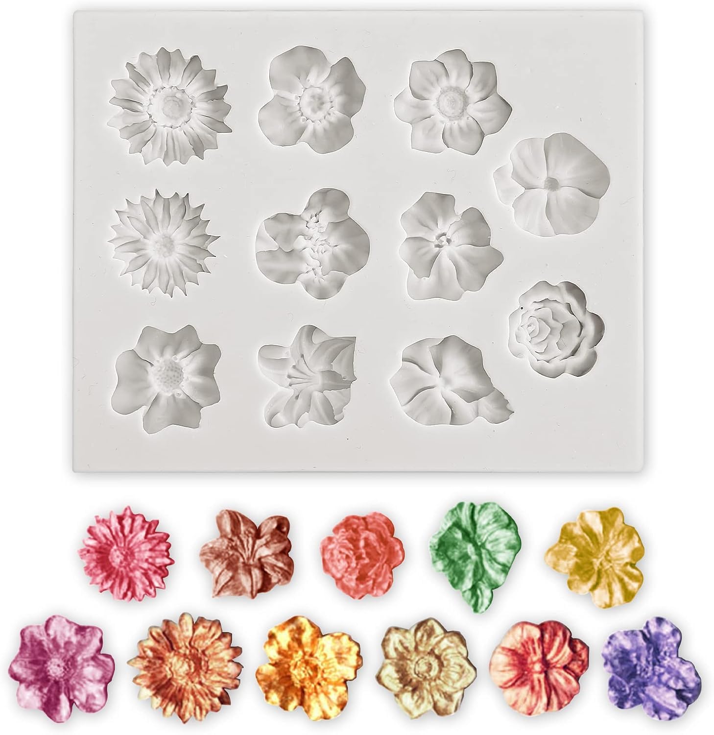 Skytail 11-Cavity Fondant Mold Set - Rose, Sunflower, Peony, Chrysanthemum & Daisy Flower Candy Molds for Cake Decorating, Chocolate, Clay, Resin & Soap Making | Perfect for Wedding Cakes, Cupcakes, DIY Crafts & Confectionery Projects