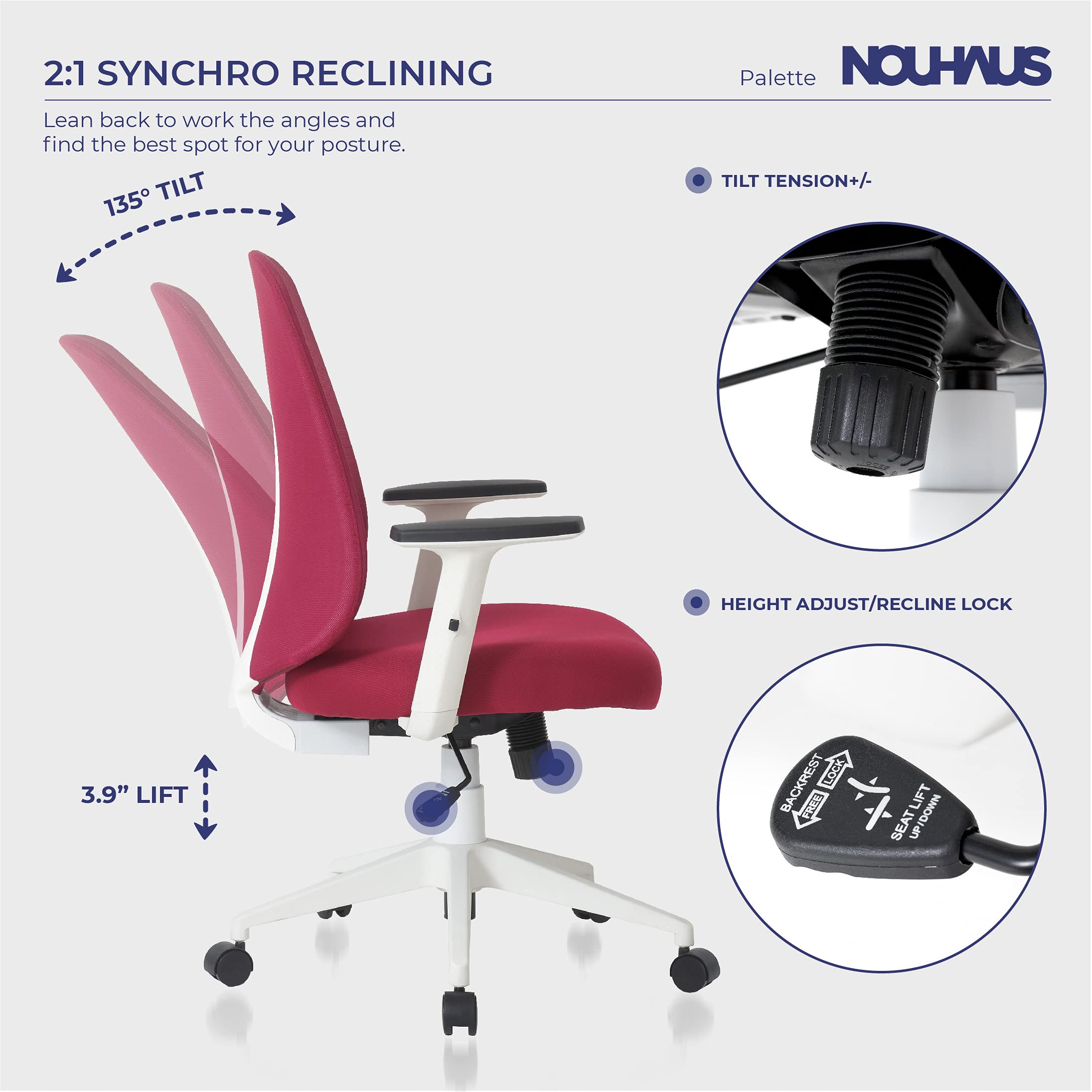 Nouhaus Palette Ergonomic Mesh Office Chair - Adjustable Lumbar Support & Armrests, Breathable Computer Desk Chair for Home & Executive Workspaces (Burgundy) - Perfect for Long Hours of Work, Gaming, or Studying
