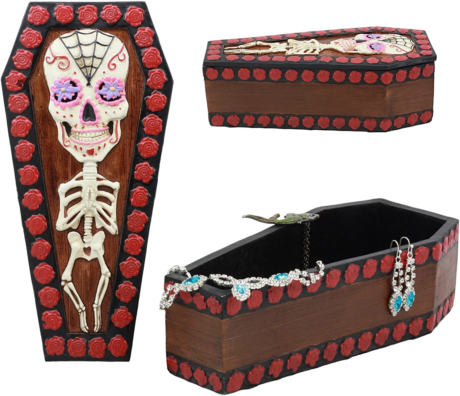 Ebros Gothic Sugar Skull Jewelry Box with Red Roses - Day of The Dead Decor, Skeleton Coffin Trinket Box for Secret Stash - Perfect for Halloween, Gothic Home Decor & Vampire Themed Collections