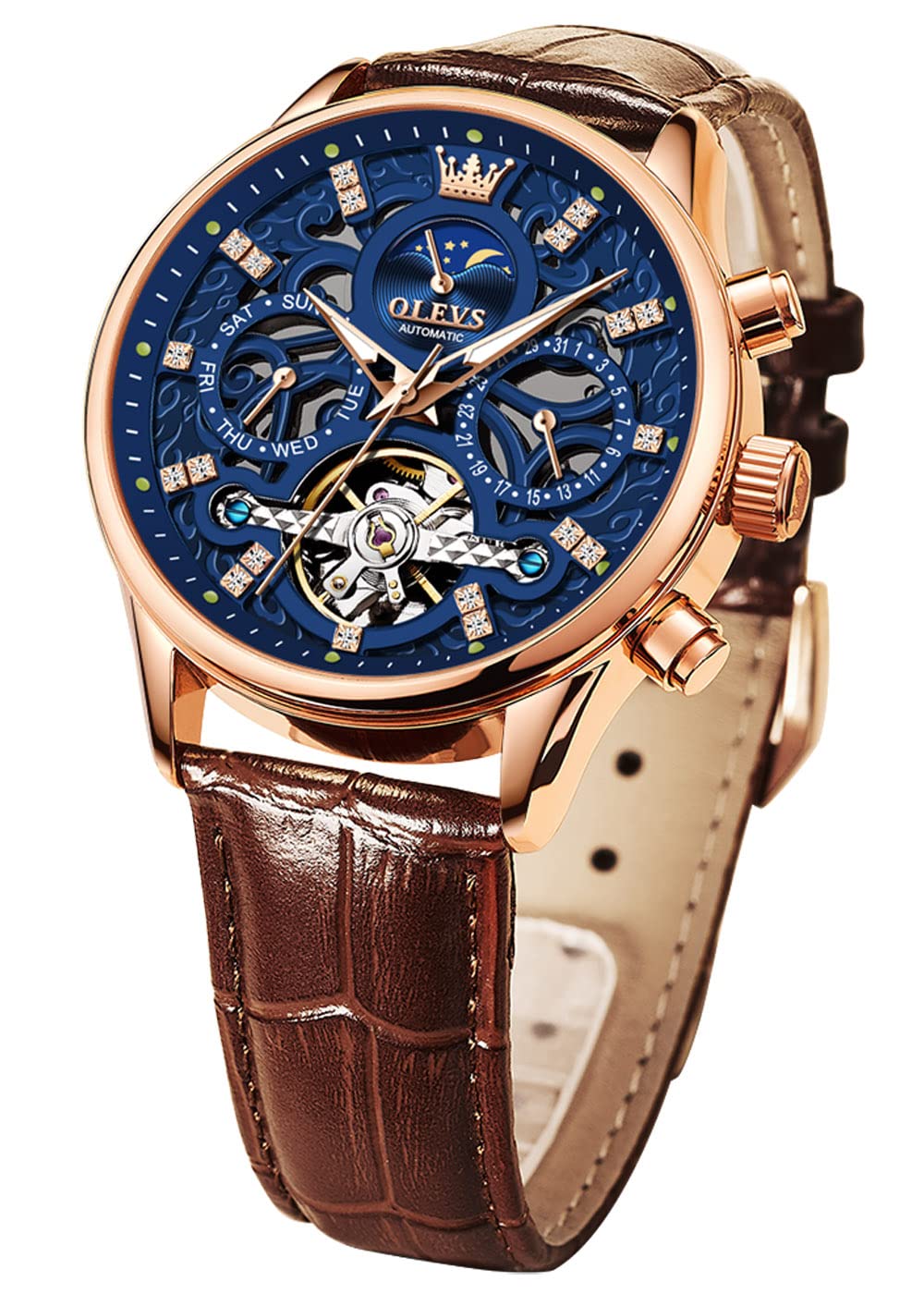 OLEVS Men's Automatic Skeleton Watch - Mechanical Dress & Casual Watch with Moon Phase, Luminous Hands, Waterproof - Brown/Black Leather Strap - Perfect for Business, Dating & Formal Occasions