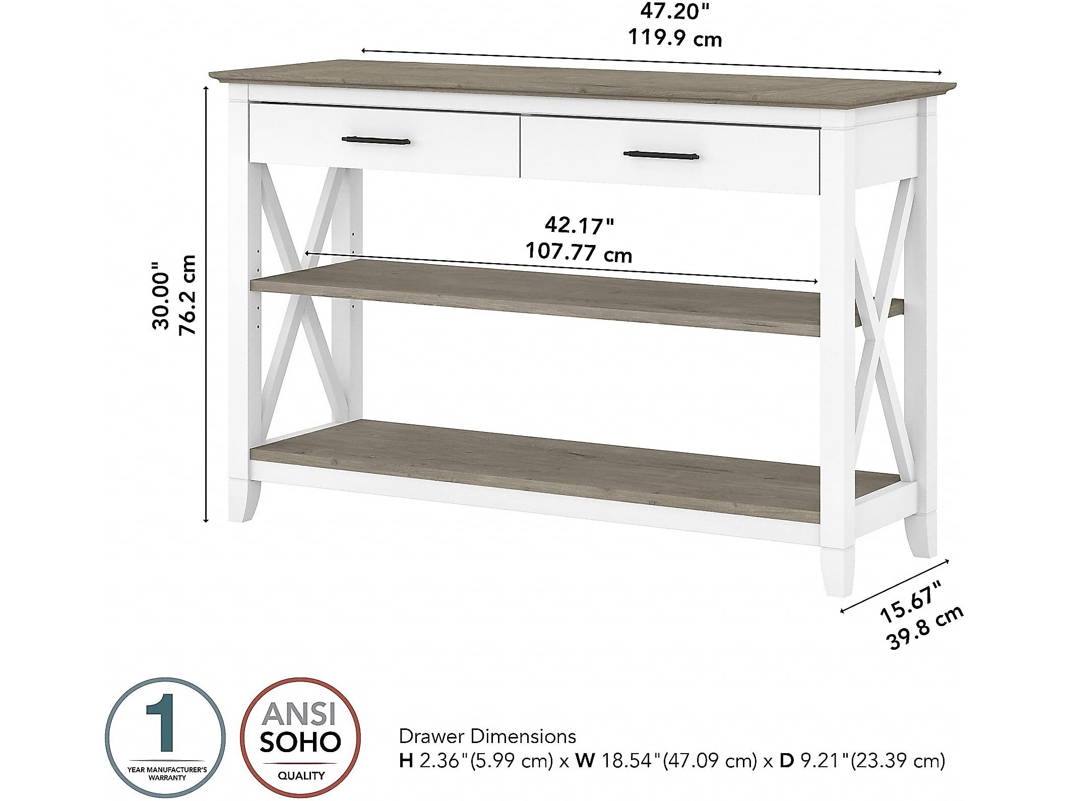 Bush Furniture Key West Console Table with Drawers & Shelves - Pure White & Shiplap Gray Finish | Entryway, Living Room & Hallway Storage Solution