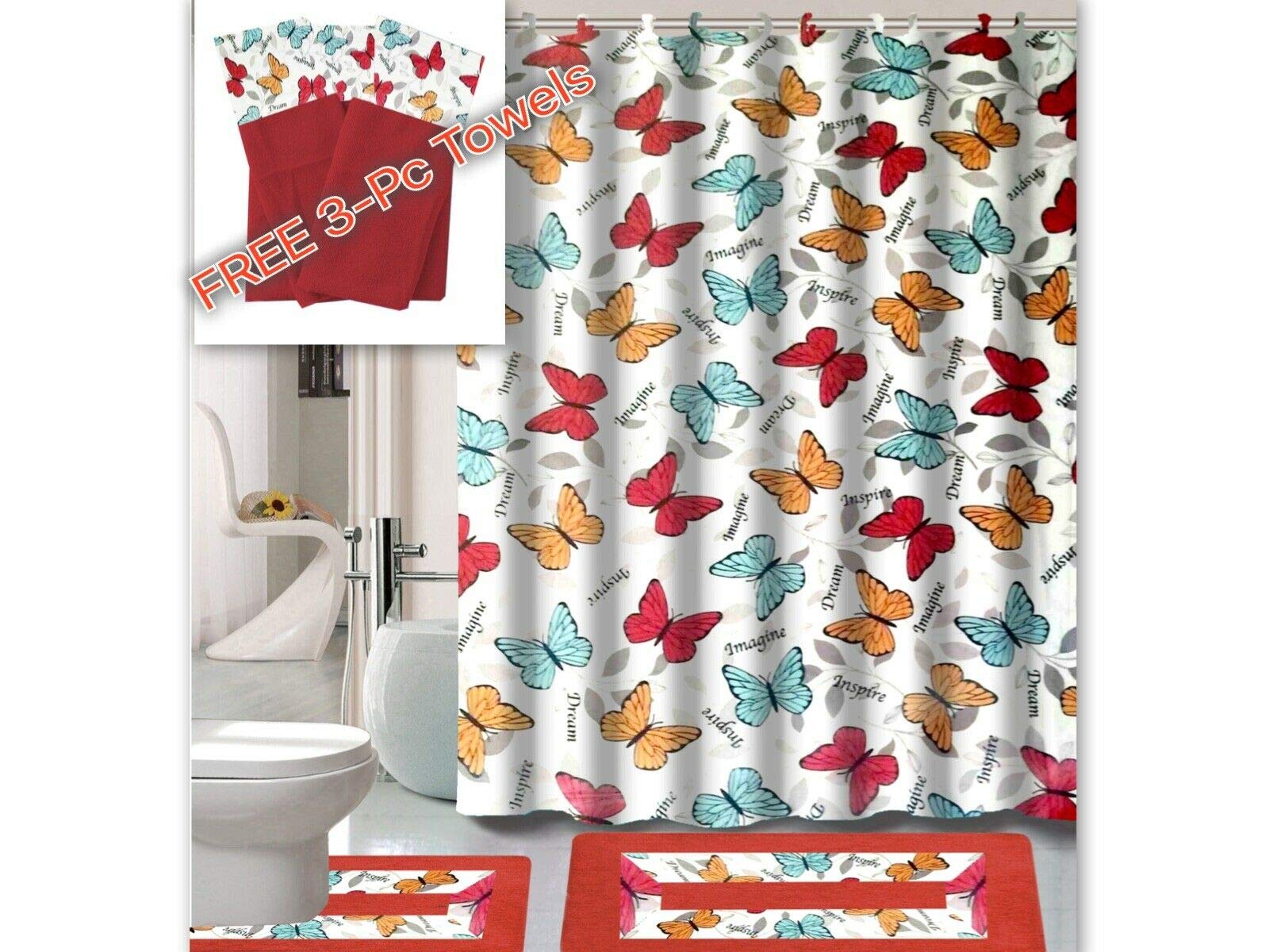Empire Home 15-Piece Elegant Bathroom Set - Soft Bath Rugs, Stylish Shower Curtain Hooks with Free 3-Piece Towel Set (Butterfly Red) for Modern Bathroom Decor & Spa-Like Experience