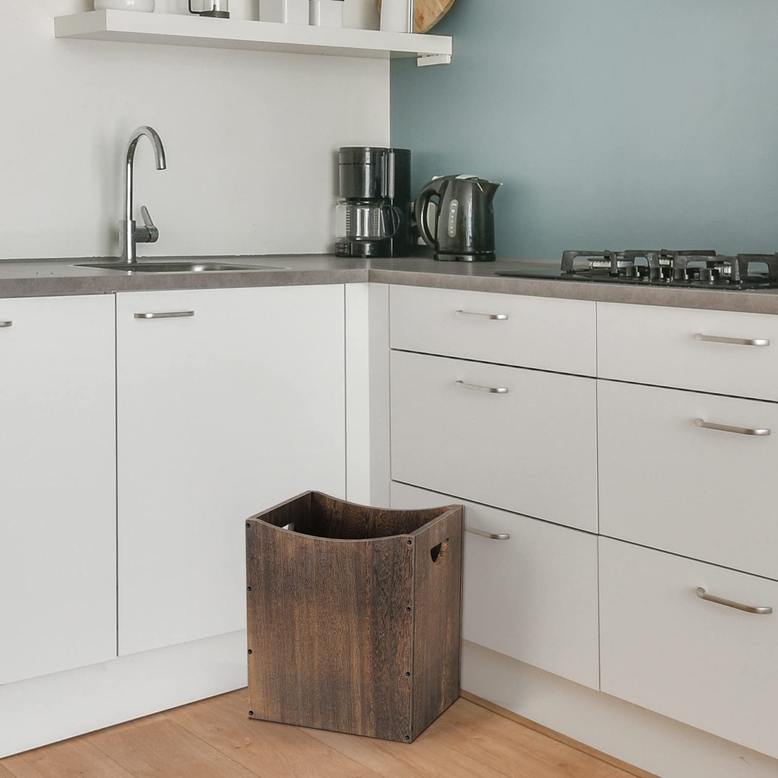 5.3 Gallon Wooden Trash Can with Built-in Handles - Farmhouse Style Rectangular Office Waste Basket for Kitchen, Bathroom, Bedroom & Under Desk - Eco-Friendly Home Storage Solution for Waste Management & Organization