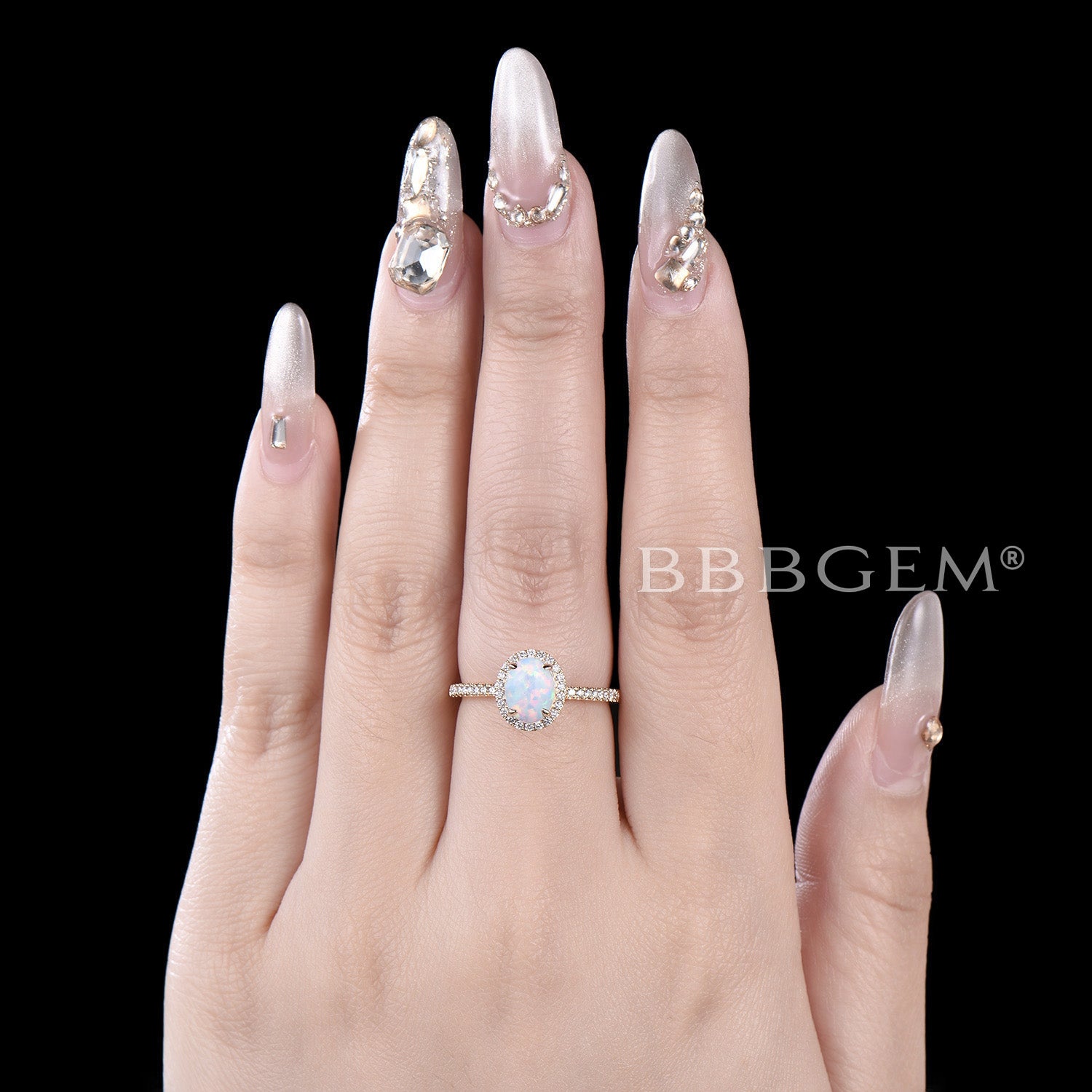 White Opal Engagement Ring - 14K Gold Moissanite Halo Bridal Ring for Women | Perfect Wedding, Proposal & Anniversary Gift | Elegant Jewelry for Special Occasions