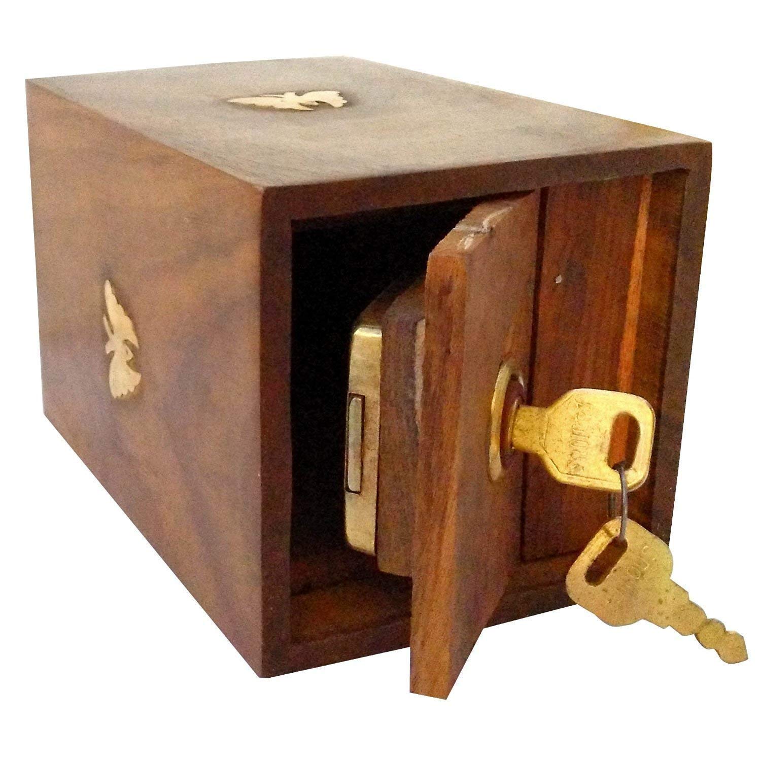 Valentine's Day Special Handmade Wooden Money Bank with 2 Keys - Square Safe Box Piggy Bank for Kids & Teens - Butterfly Inlay Coin Storage Box | Birthday Gift Idea for Children, Home Decor & Savings Organizer