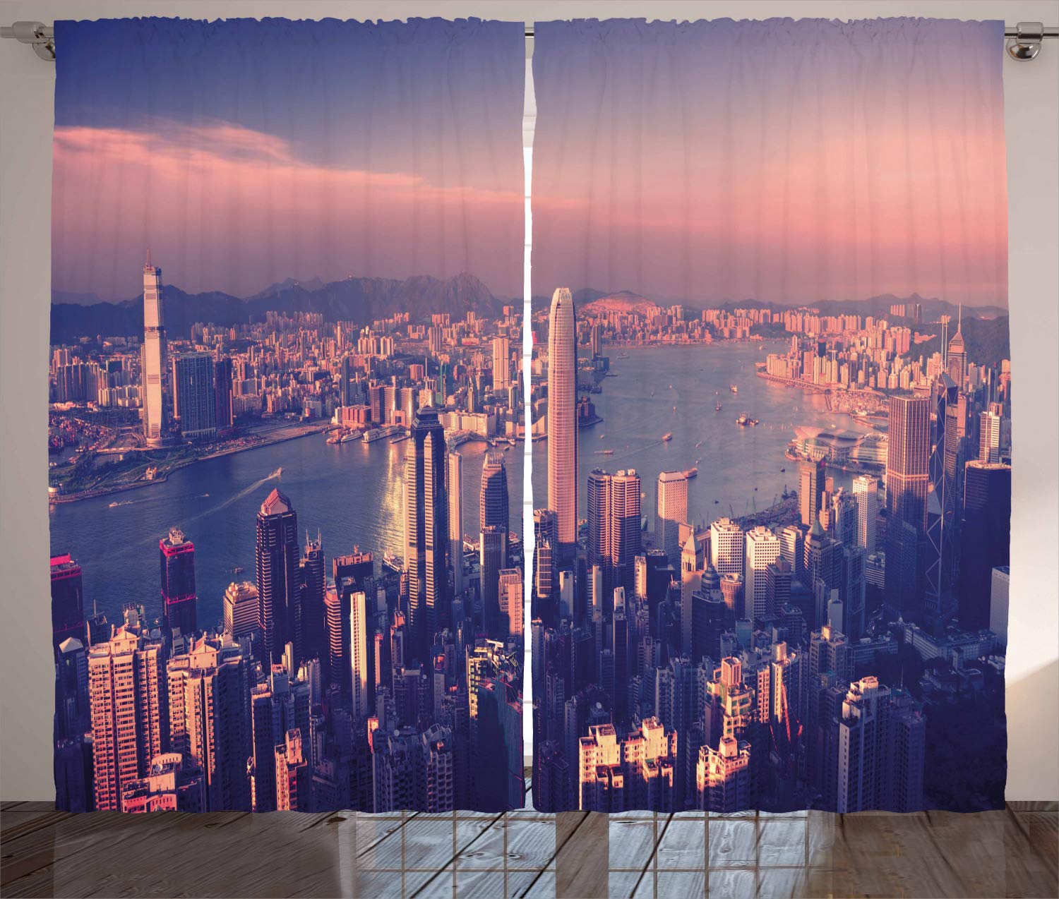 Ambesonne Hong Kong Cityscape Curtains - Victoria Harbor Urban View Window Drapes, 2 Panel Set 108