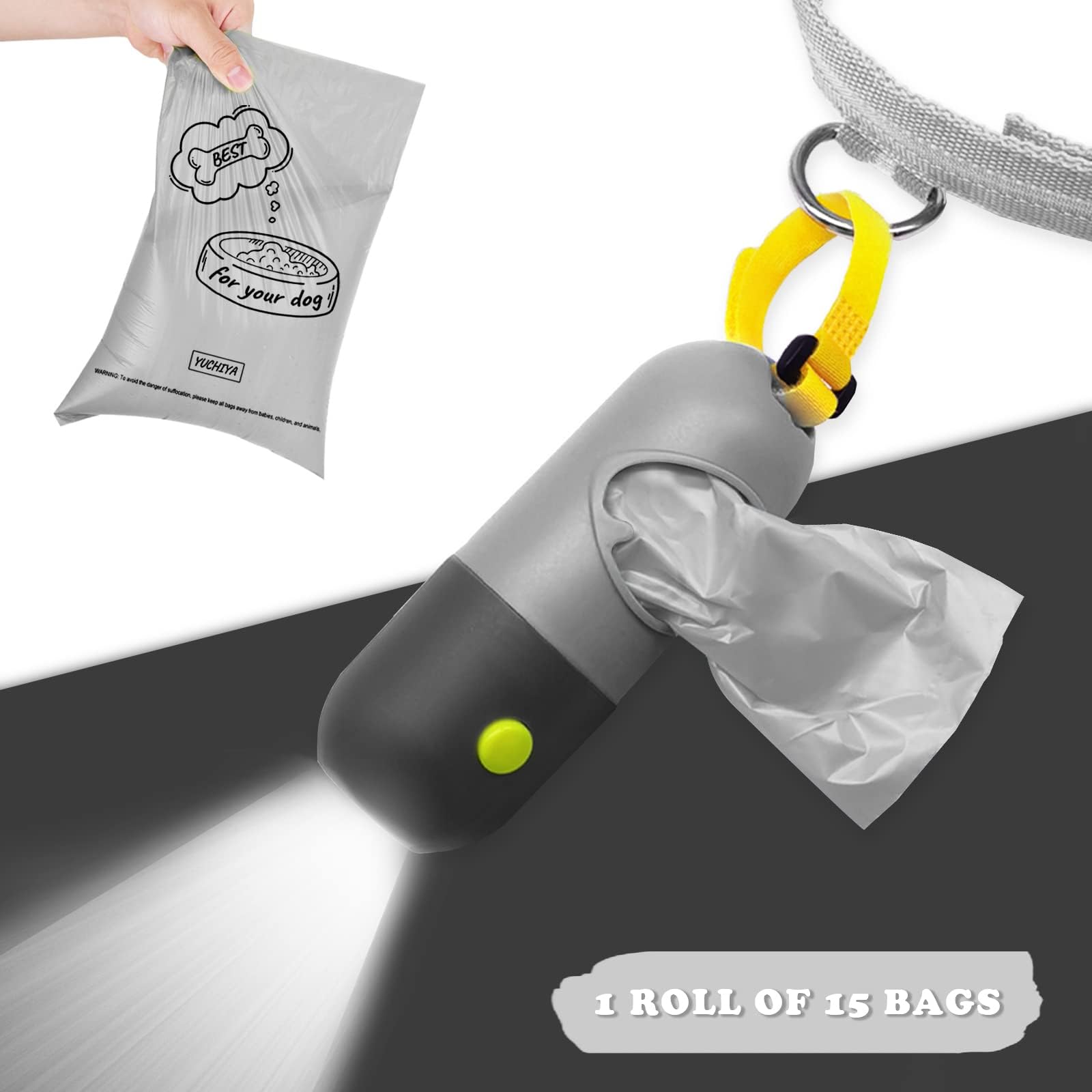 LED Dog Poop Bag Holder with Flashlight - Leash Attachable Pet Waste Dispenser | Leak-Proof Doggie Potty Bags Container with 15 Refill Bags (Grey/Black) - Perfect for Night Walks, Park Visits & Outdoor Adventures