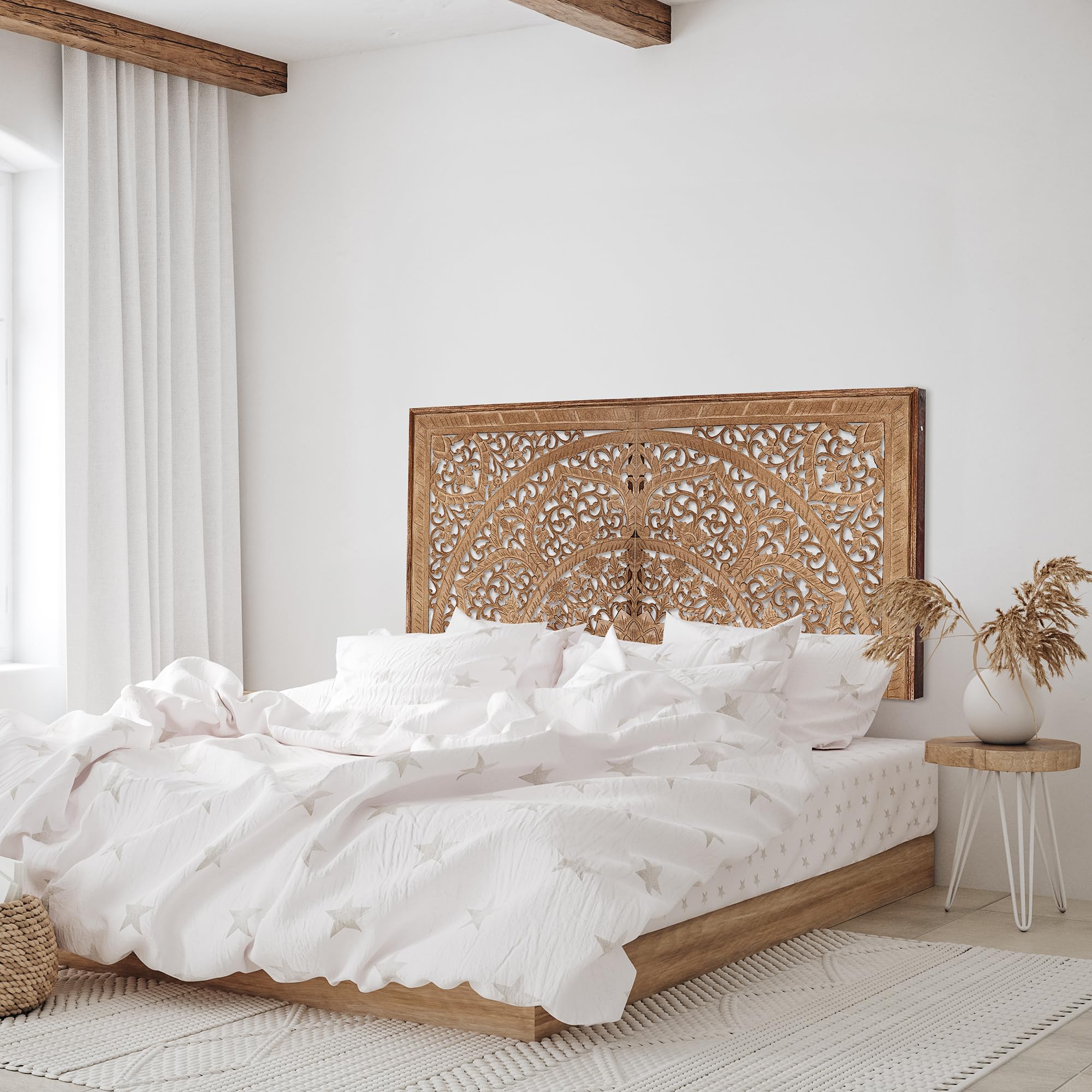 King Wood Headboard - Hand Carved Full Size Wall Mounted Headboard Panel for Bedroom Decor - Natural Finish for Cal King & Queen Beds - Perfect for Modern Farmhouse & Luxury Bedroom Designs