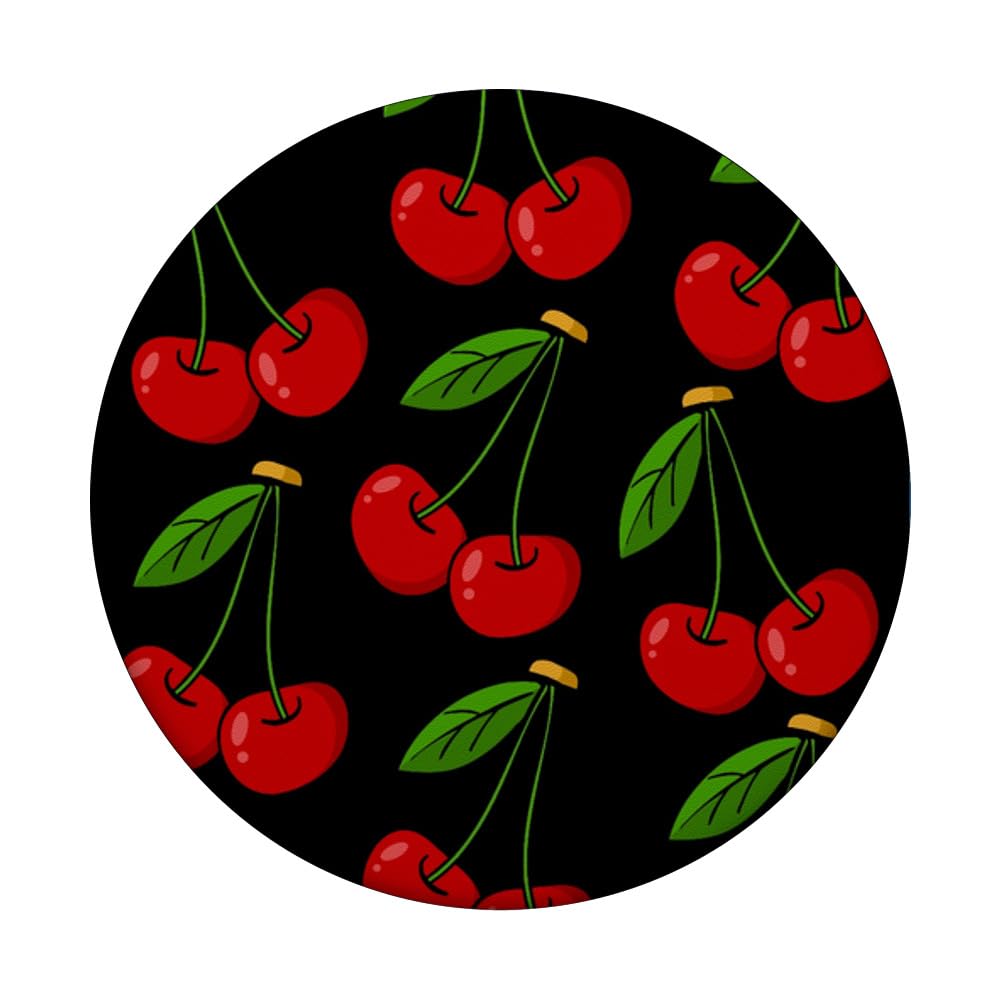 Cherry Pattern PopGrip - Swappable Phone Grip with Adhesive for iPhone, Samsung & Tablets | Cute Cherry Design on Black Background | Perfect for Girls, Teens & Women | Great for Selfies, Video Calls & Secure Phone Holding