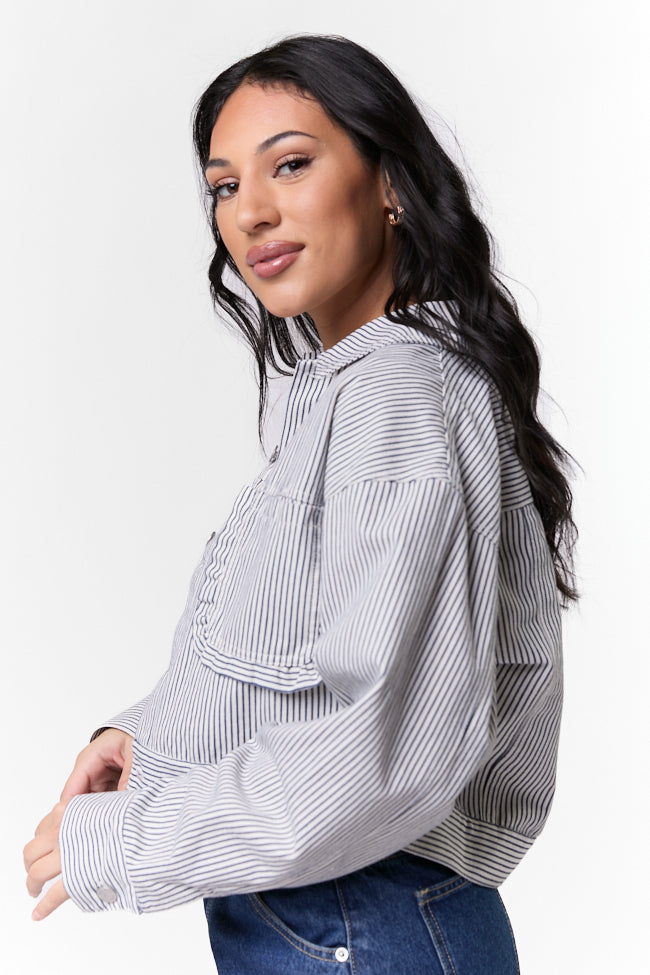 Say It Again Navy Striped Denim Jacket for Women - Vintage Style Denim Coat with Striped Design - Perfect for Casual Outfits, Spring Layering & Streetwear Fashion