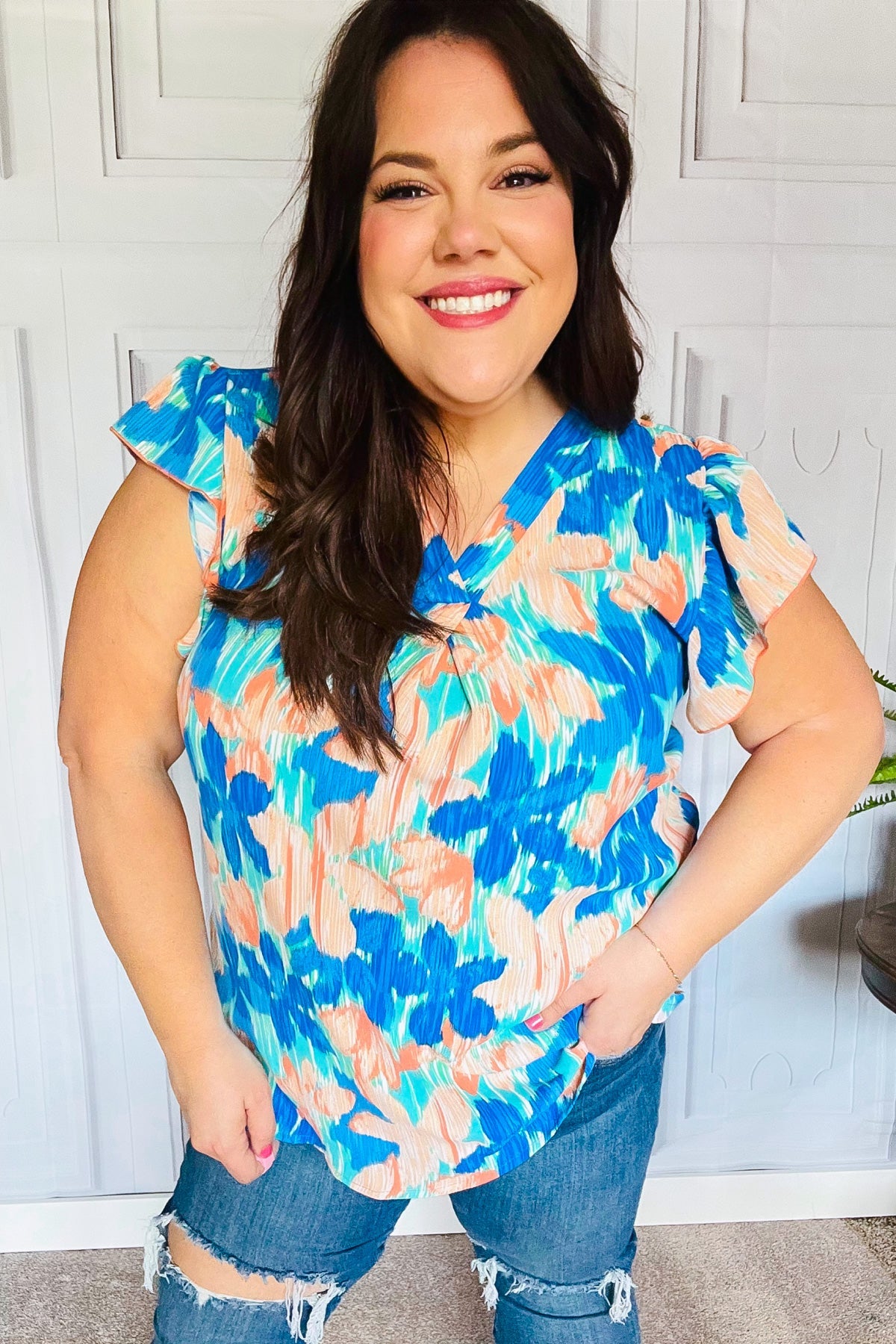Haptics Tropical Breeze Turquoise Floral Banded V-Neck Flutter Sleeve Blouse for Women - Summer Beach Vacation & Boho Chic Outfit