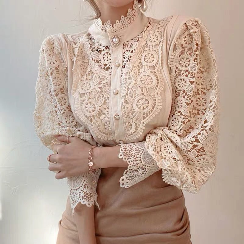French Loose Lace Hollow Floral Long Sleeve Stand Collar Blouse for Women - Elegant Office Wear & Spring Fashion Top 724
