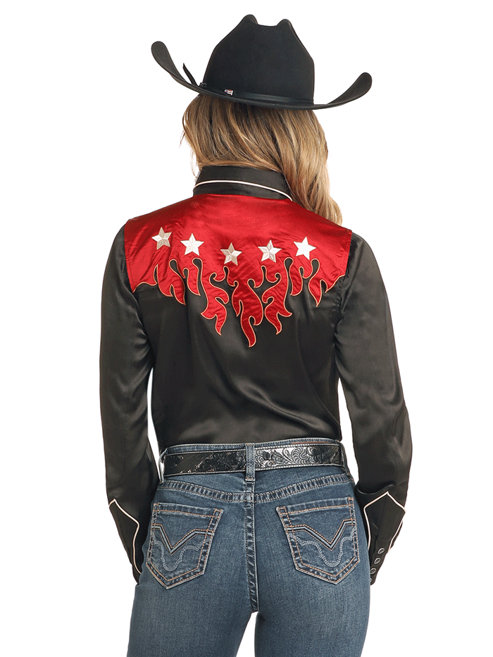 Vintage Rock & Roll Denim Shirt for Women - Retro Flame Print Black Button-Up Top | 70s Inspired Fashion for Concerts, Parties & Casual Wear