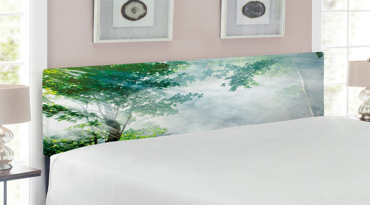 Ambesonne Rainforest King Size Headboard - Upholstered Metal Bed Frame with Memory Foam, Green & White Jungle Theme Decor for Bedroom | Perfect for Nature-Inspired Home Decor & Tropical Bedroom Designs
