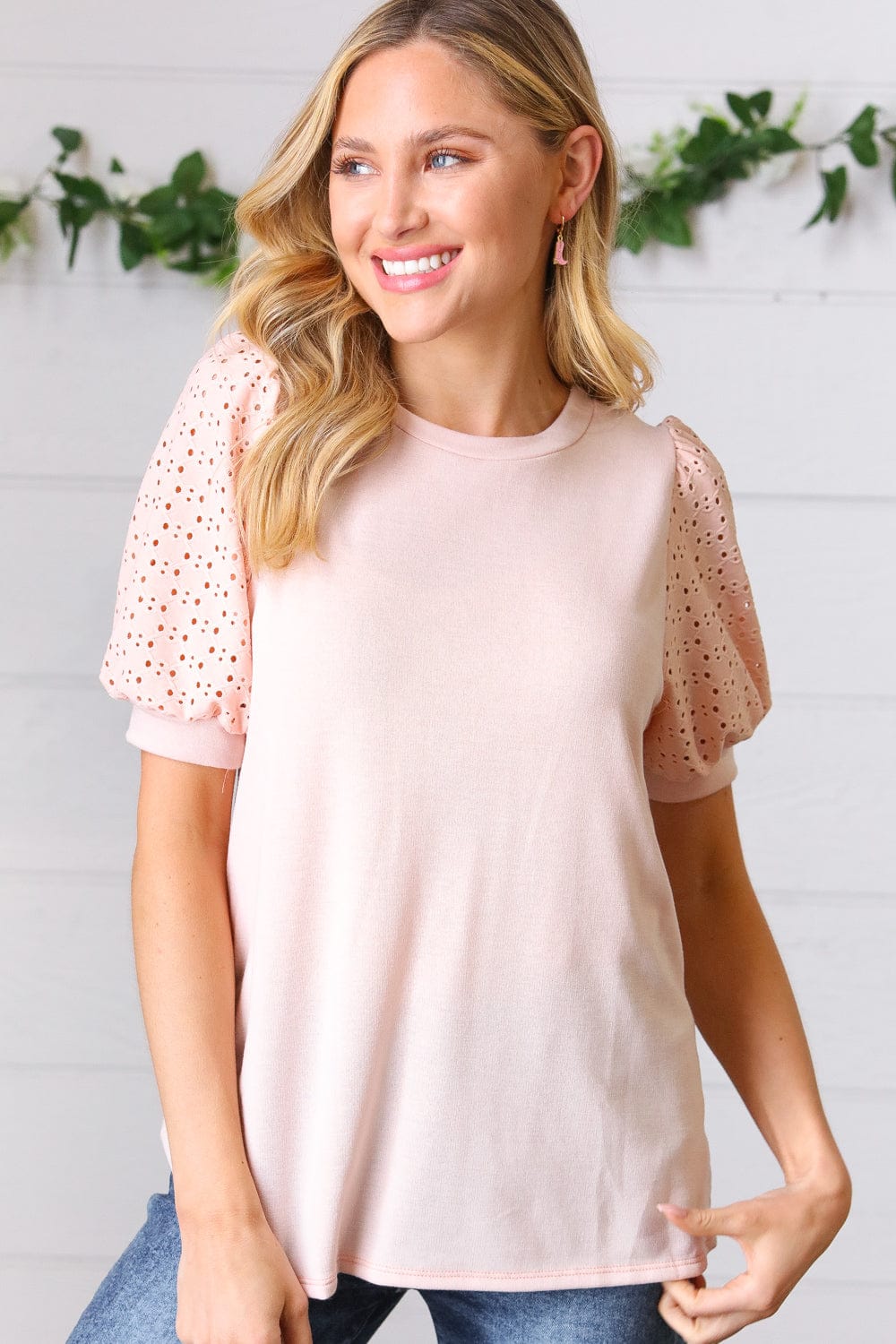 Peach Eyelet Puff Sleeve French Terry Top for Women - Summer Boho Blouse with Lace Trim, Casual Loose Fit T-Shirt | Perfect for Beach Outings, Date Nights & Weekend Brunch