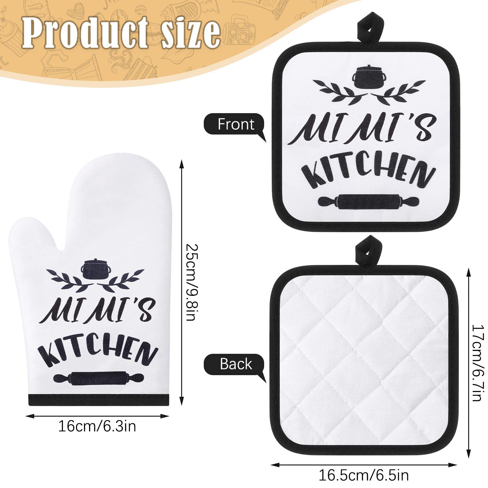 5-Piece Mimi Style Kitchen Gift Set - 2 Microfiber Dish Towels, 2 Oven Pads & 1 Oven Mitt - Perfect for Christmas, Housewarming, Birthdays & Parties - Ideal for Cooking, Baking & Kitchen Decor