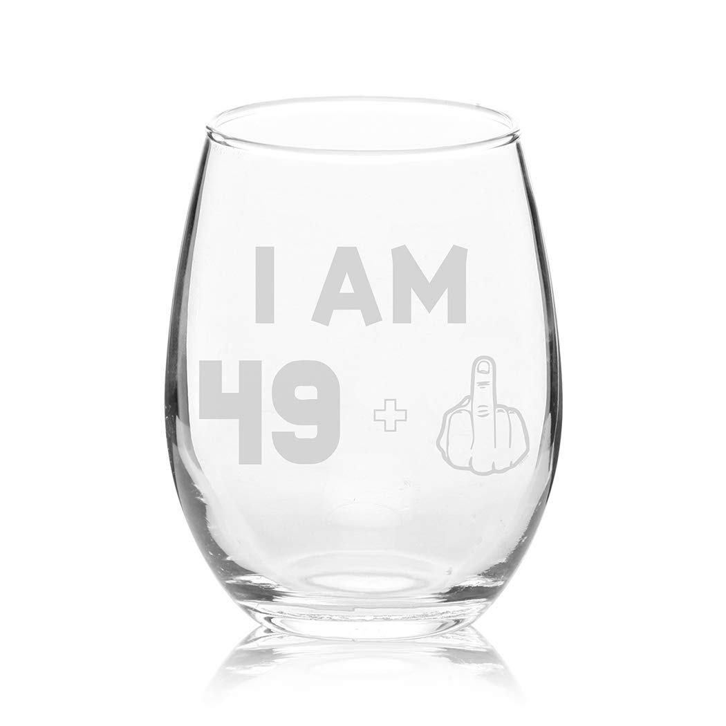 Veracco I am 49+1 Middle Finger Stemless Wine Glass - Funny 50th Birthday Gift for Men & Women - Fifty and Fabulous Novelty Glassware - Perfect for Birthday Parties, Gag Gifts & Wine Lovers (Clear Glass)