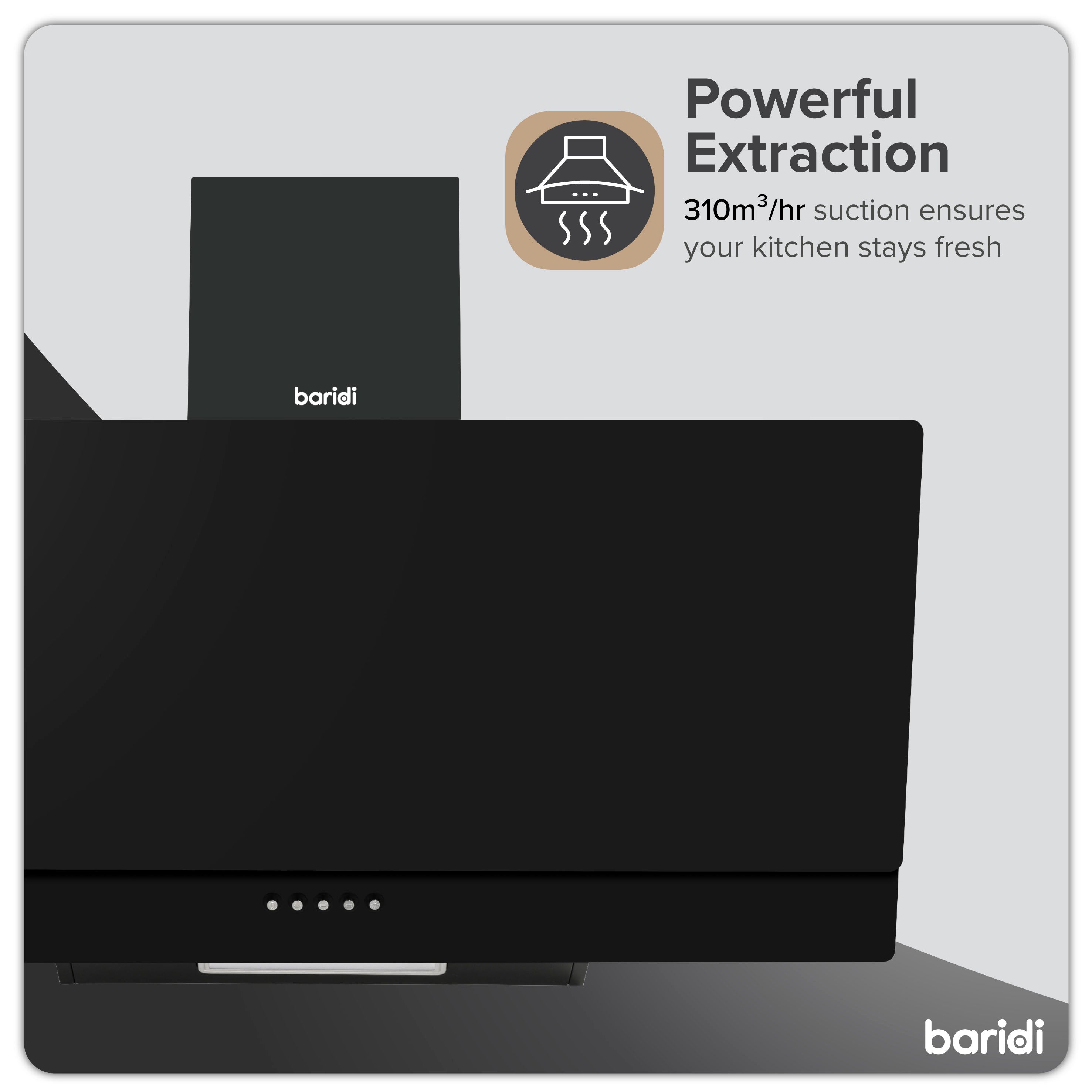 Baridi 90cm Angled Chimney Cooker Hood with Carbon Filters & LED Light - Black Glass Kitchen Extractor Fan - DH106 - Perfect for Modern Kitchens & Open-Plan Living Spaces