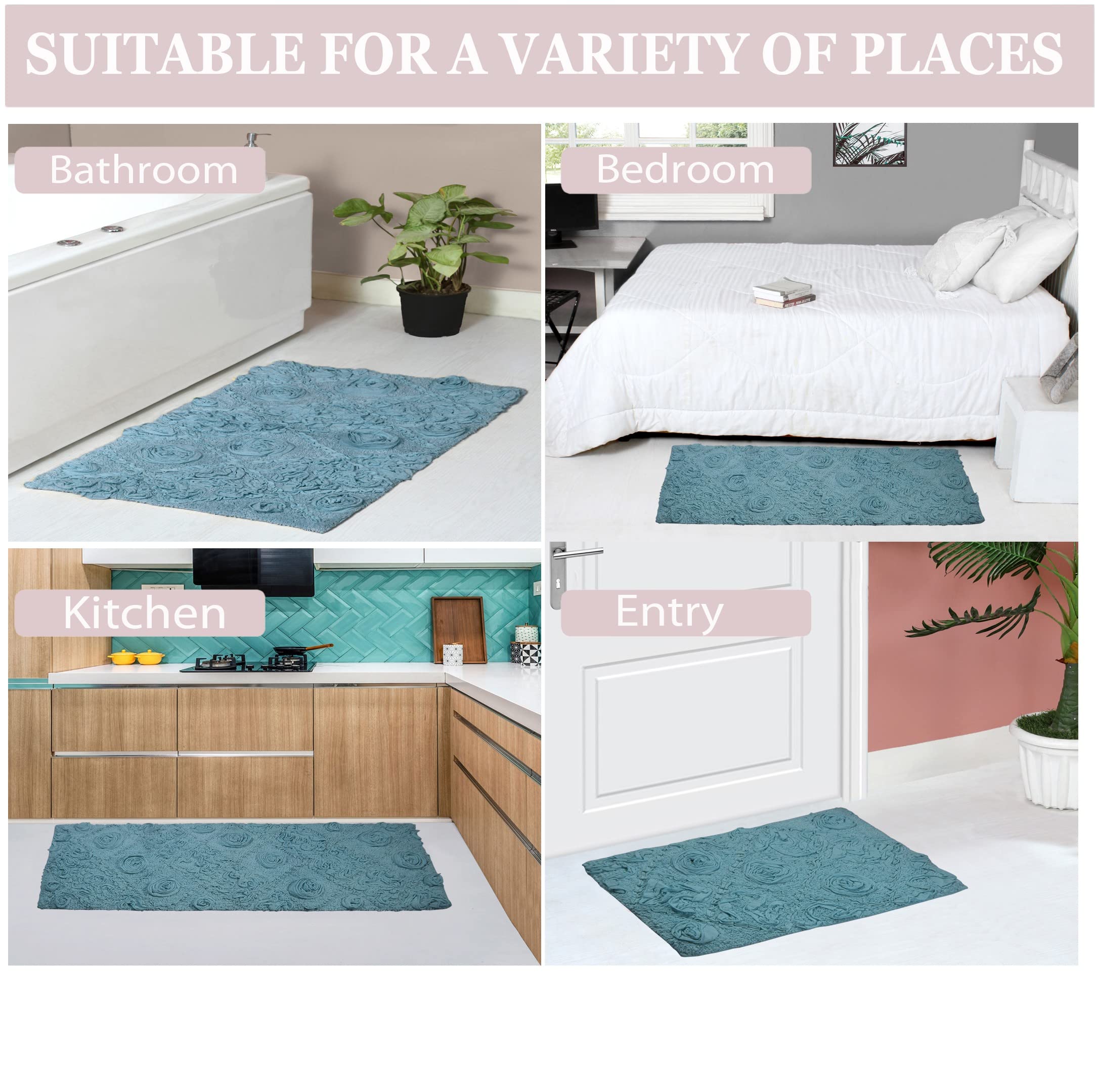 Premium 100% Cotton Bath Rug Set - 5 Piece Non-Slip, Washable & Super Absorbent Bathroom Mats - Soft Contour Design for Bathroom & Kitchen Floor - Home Weavers Modesto Collection in Blue - Perfect for Spa-Like Comfort & Safety