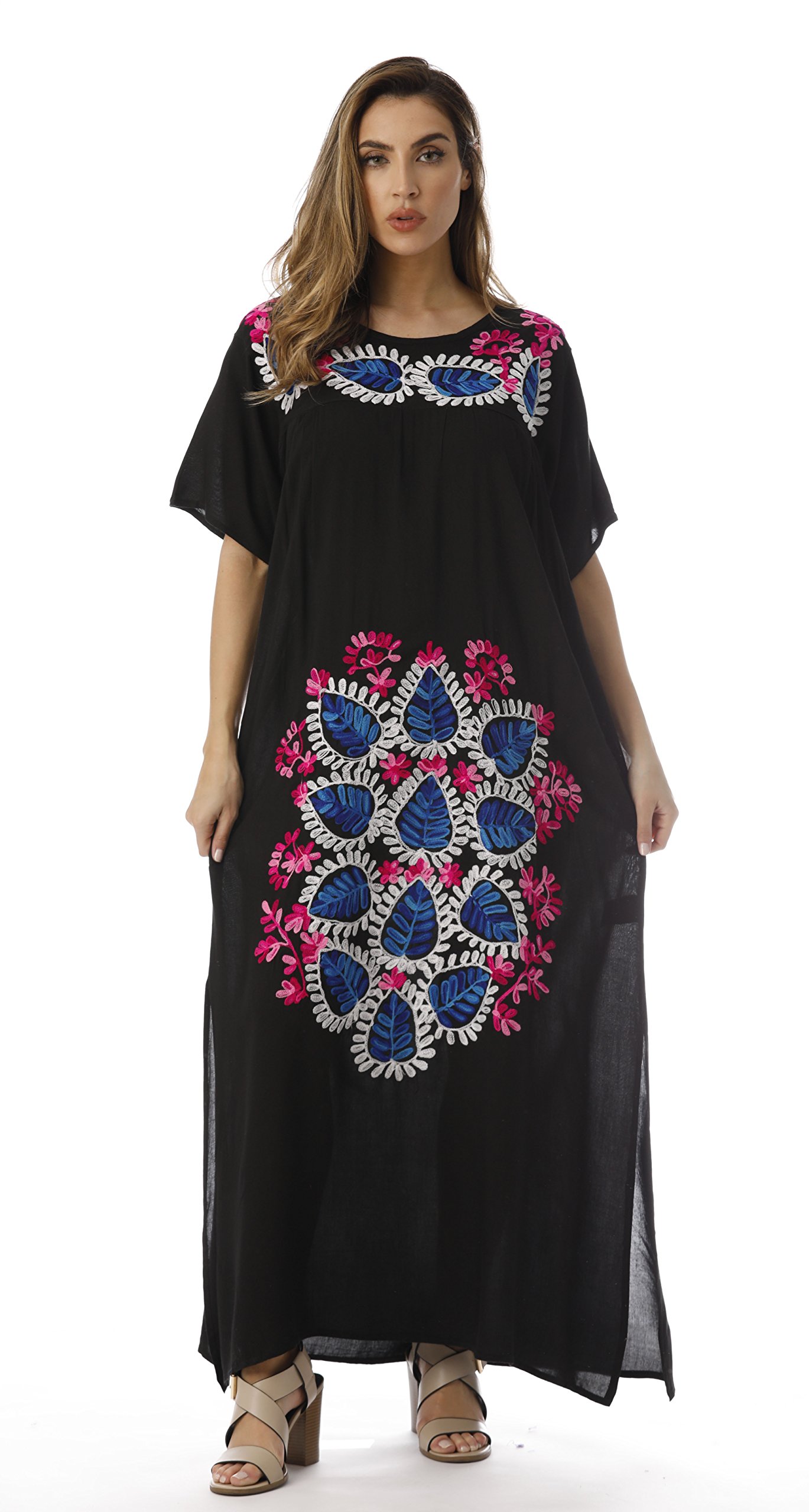 Mexican Embroidered Maxi Dress with Slits - Beach & Party Wear