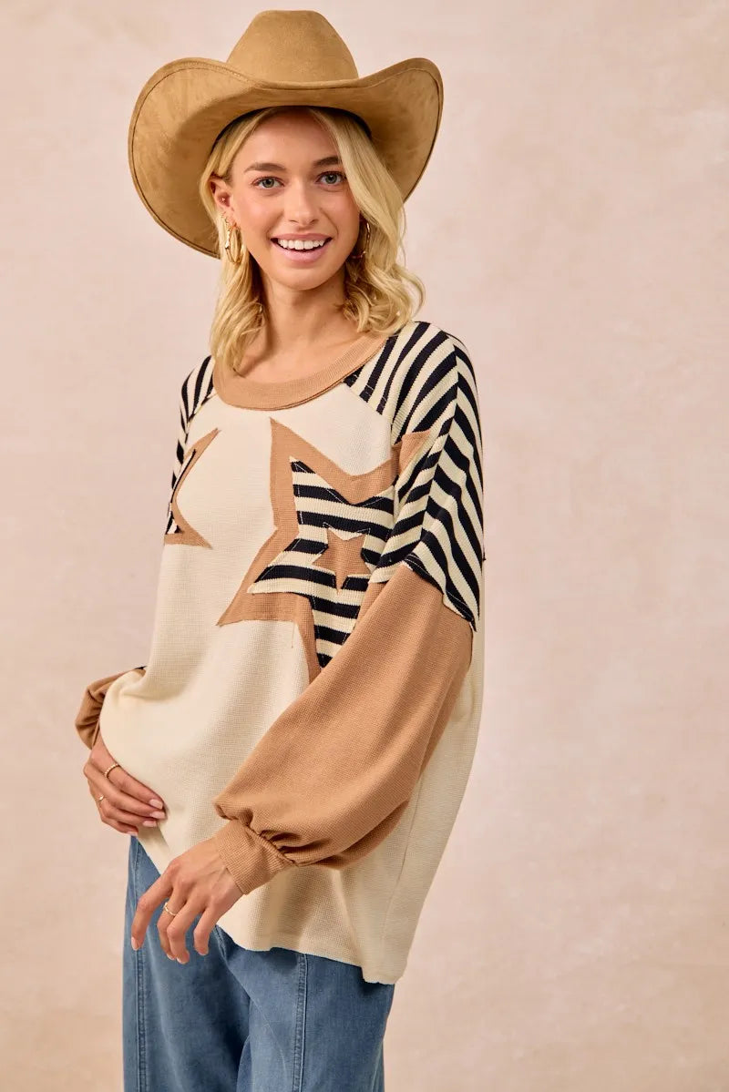 BiBi Star Patchwork Mixed Long Sleeve Top for Women - Stylish Boho Chic Blouse for Casual Wear, Date Night & Office Outfits
