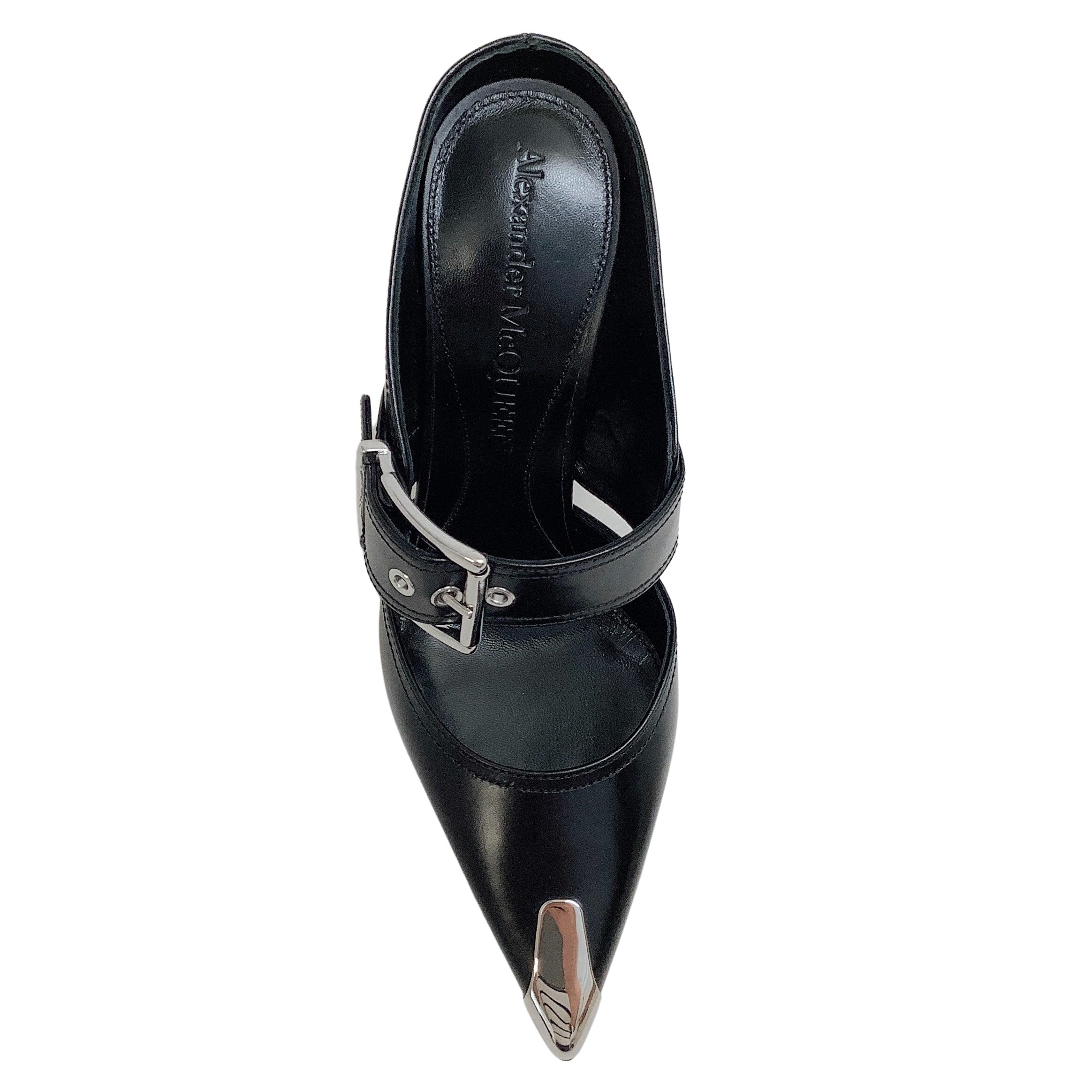 Alexander McQueen Black Leather Punk Buckle Mules - Women's Designer Slip-On Shoes for Casual & Evening Wear