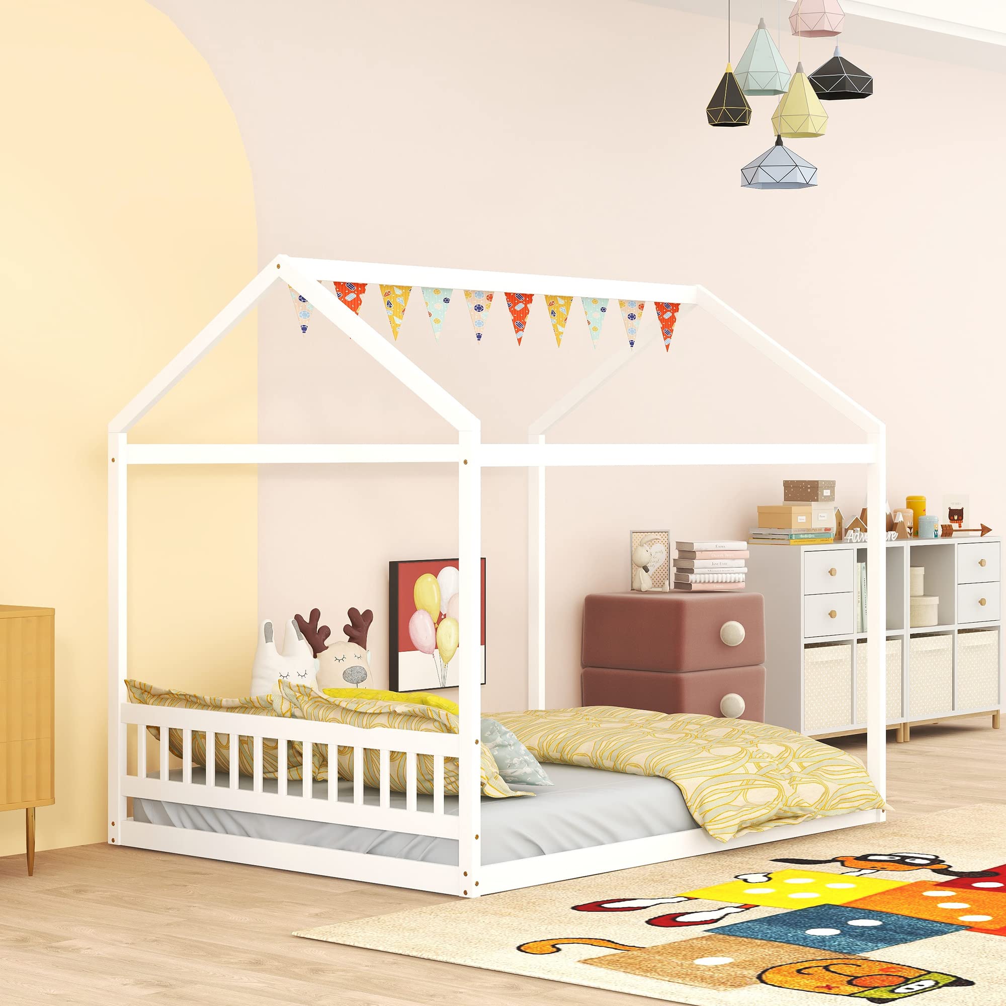 Harper & Bright Designs Queen Size Wooden House Bed Frame with Headboard - Montessori Floor Bed for Kids, Girls & Boys Bedroom Furniture - No Box Spring Needed, White - Perfect for Montessori Bedrooms, Playrooms & Cozy Sleep Spaces
