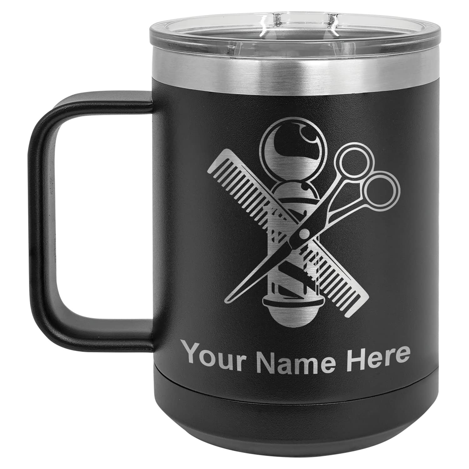 LaserGram 15oz Vacuum Insulated Coffee Mug - Barber Shop Pole Design with Free Personalized Engraving (Black) | Keeps Drinks Hot/Cold for Hours | Perfect for Office, Travel & Outdoor Activities
