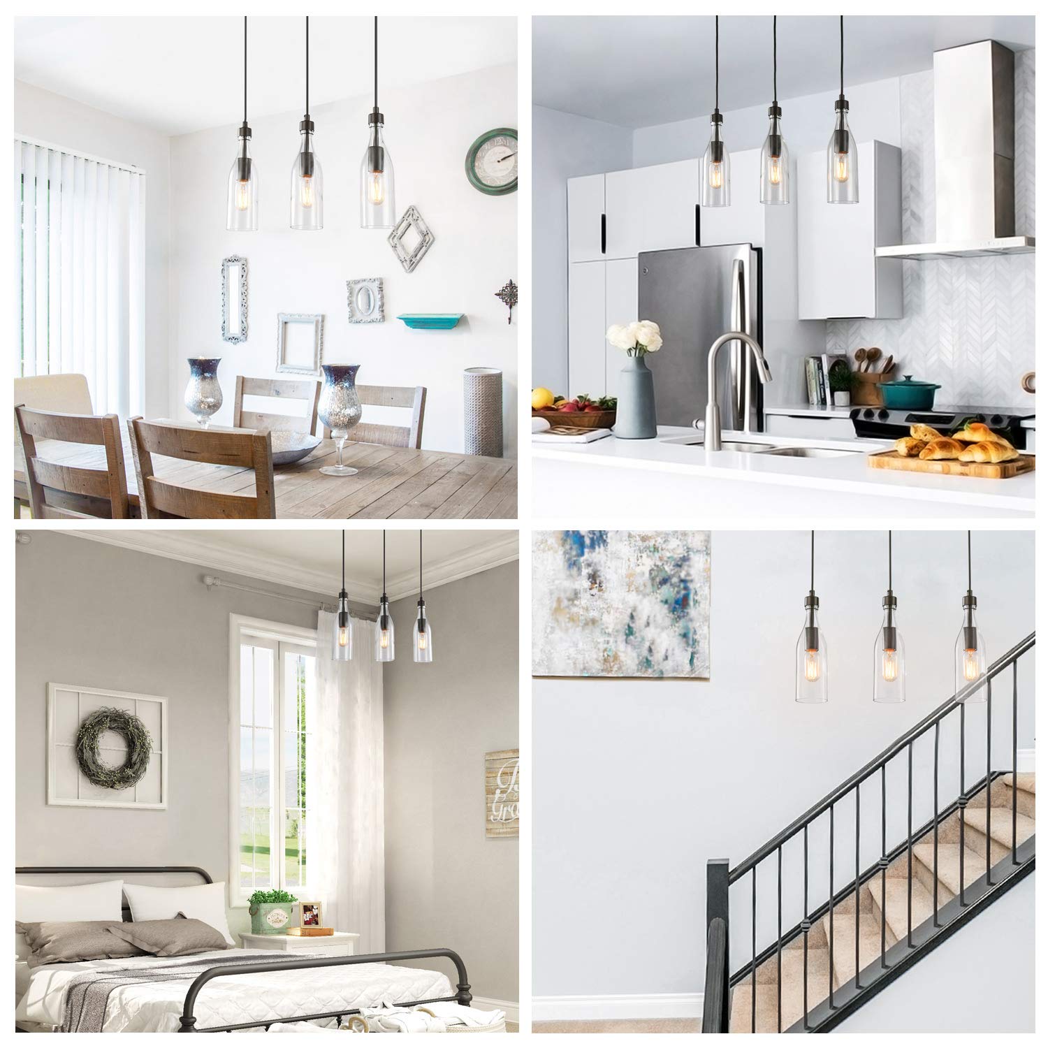 LNC Wooden Pendant Lights - Adjustable 3-Height Clear Glass Bottle Chandelier for Kitchen Island, Dining Room, Bar & Farmhouse Decor
