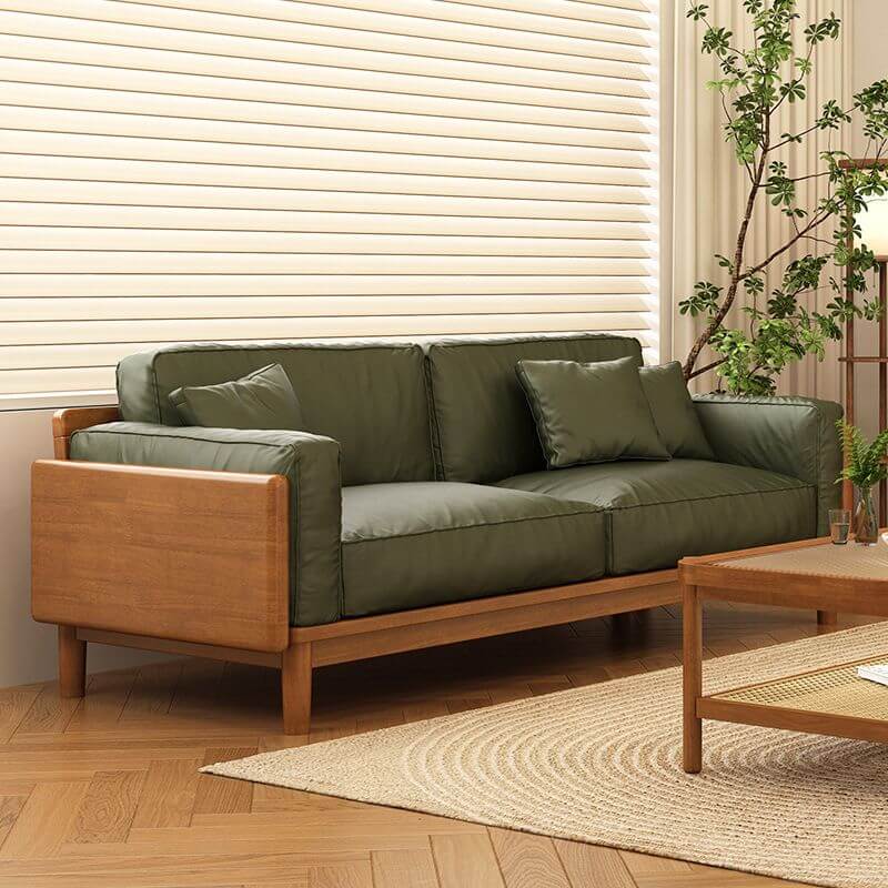 Minimalist Lime Green Scratch-Resistant Sofa & Loveseat with Wood Square Arms, Wide Pillow Back & 3 Throw Pillows - 3/4/5 Seater for Living Room, Lounge & Home Office