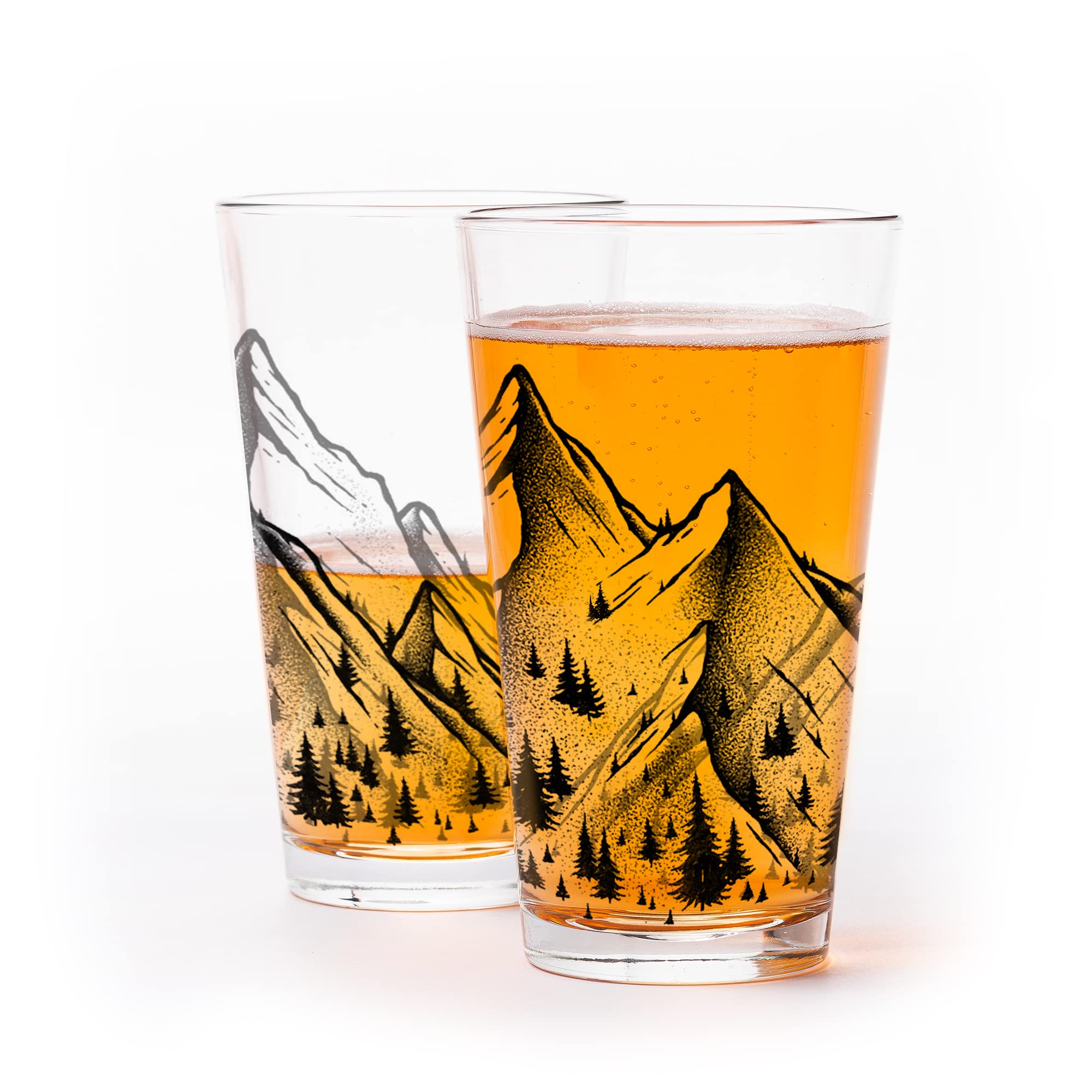 Black Lantern Set of 2 Pint Glasses - 16oz Screen Printed Beer & Water Drinking Glasses - Highball Tumblers for Bar, Home & Kitchen - Mountain Range Panoramic Design - Perfect for Parties, BBQs & Gifts