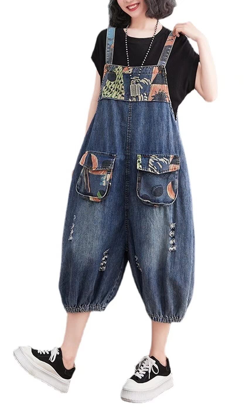 Women's Ripped Loose Cropped Bib Denim Overalls - Summer Baggy Casual Romper Jumpsuit with Harem Pants Style | Perfect for Music Festivals, Beach Outings & Streetwear Fashion