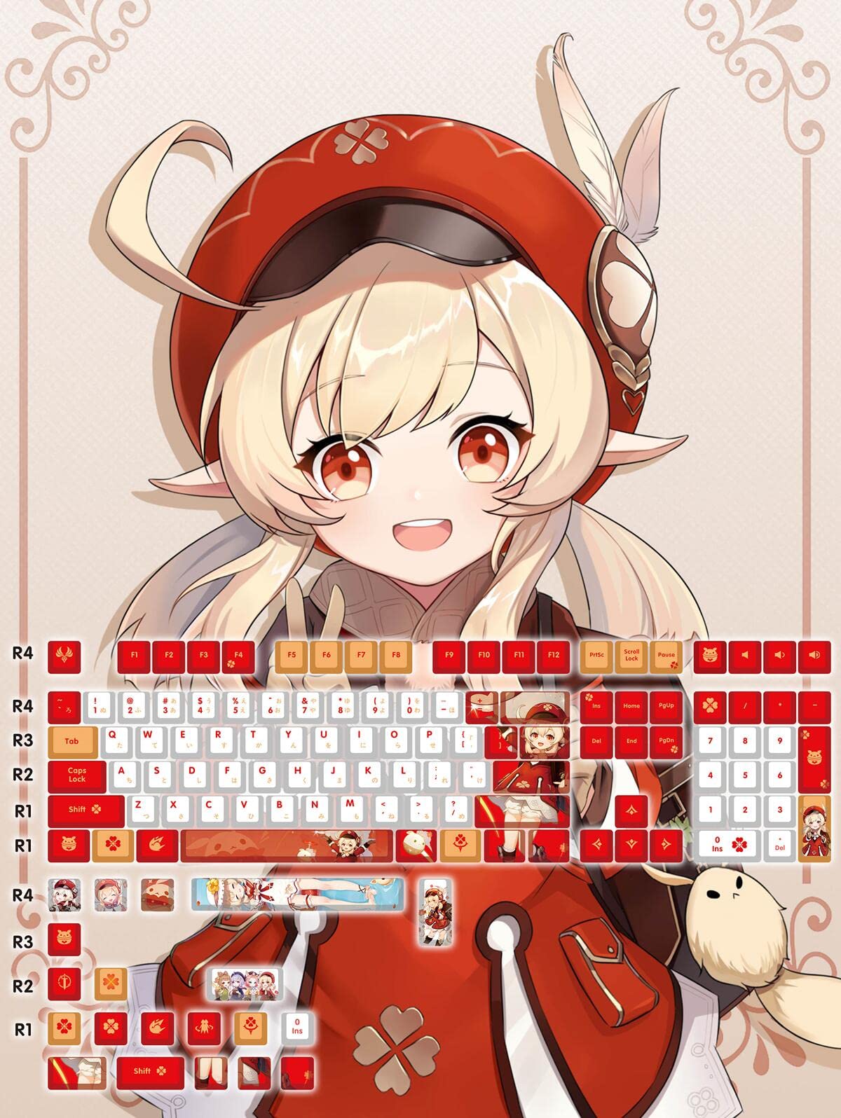 Genshin Impact Klee Themed 128-Key PBT Keycap Set - 5-Side Dye-Sublimation Gaming Mechanical Keyboard Keycaps (OEM Profile, R4 Height) for DIY Custom Keyboards - Perfect for Genshin Impact Fans & Mechanical Keyboard Enthusiasts