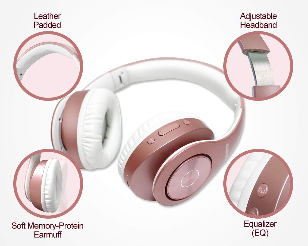 TUINYO Wireless Bluetooth Headphones Over Ear with Deep Bass, 40H Playtime, Soft Memory-Protein Earmuffs, Built-in Mic for PC/Phone/TV - Rose Gold | Perfect for Workouts, Travel & Home Entertainment