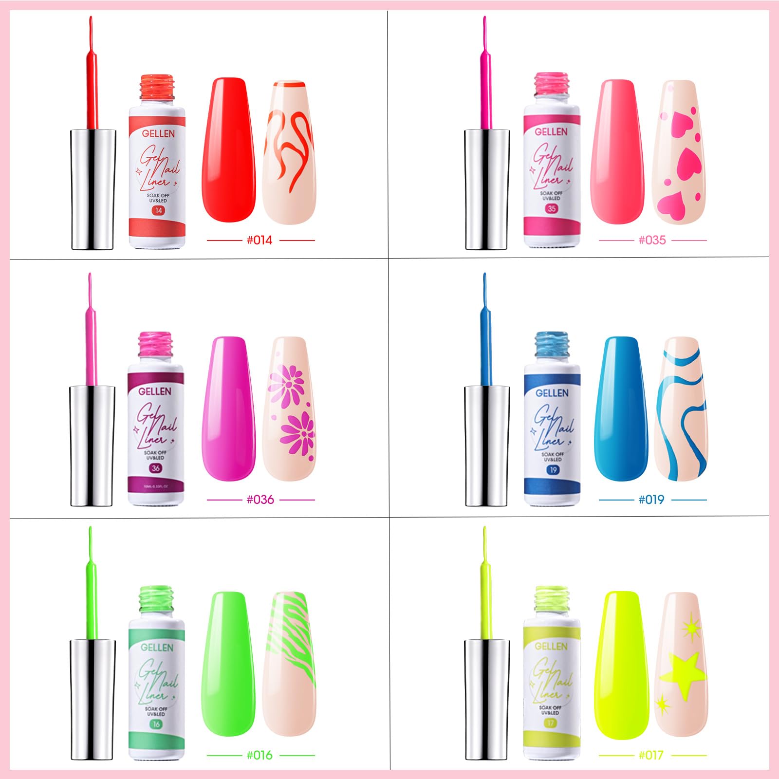 Gellen 6 Colors Gel Nail Polish Set - Red, Pink, Green UV LED Soak Off Nail Art Kit with Thin Brush | Professional Manicure for Home & Salon Use | Perfect for Parties, Weddings & Special Occasions
