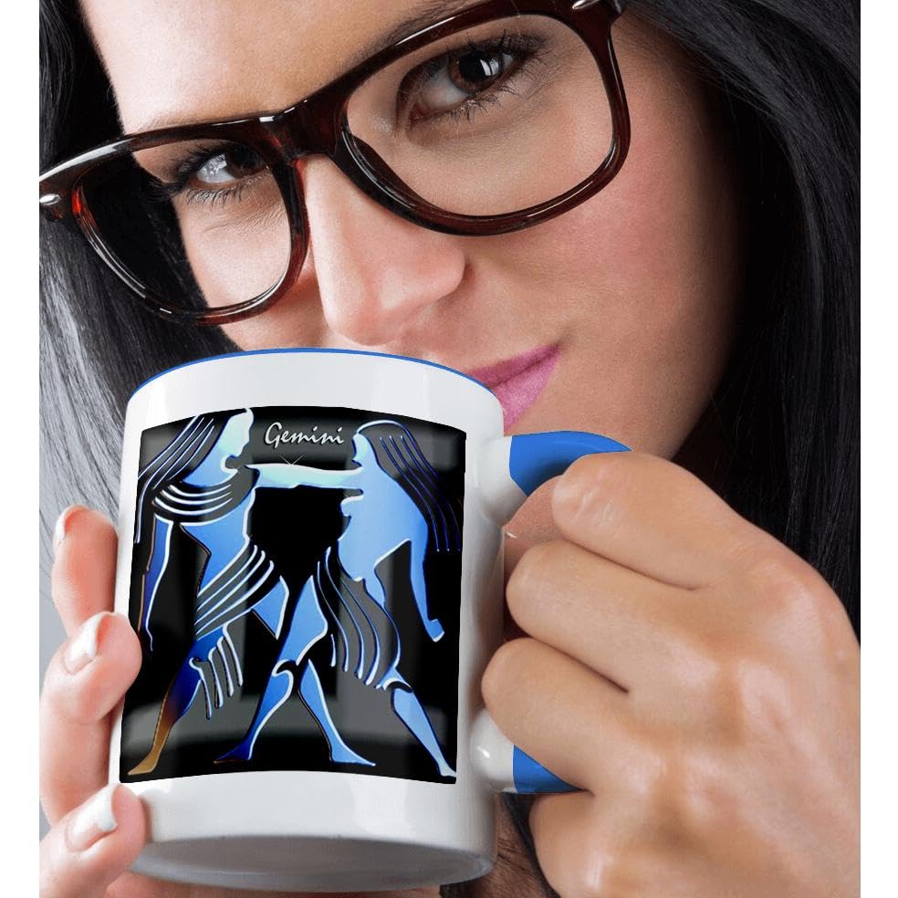 3D Rose Gemini Zodiac Sign Ceramic Coffee Mug - Blue & White Design - Perfect for Horoscope Lovers, Birthday Gifts & Daily Coffee Breaks