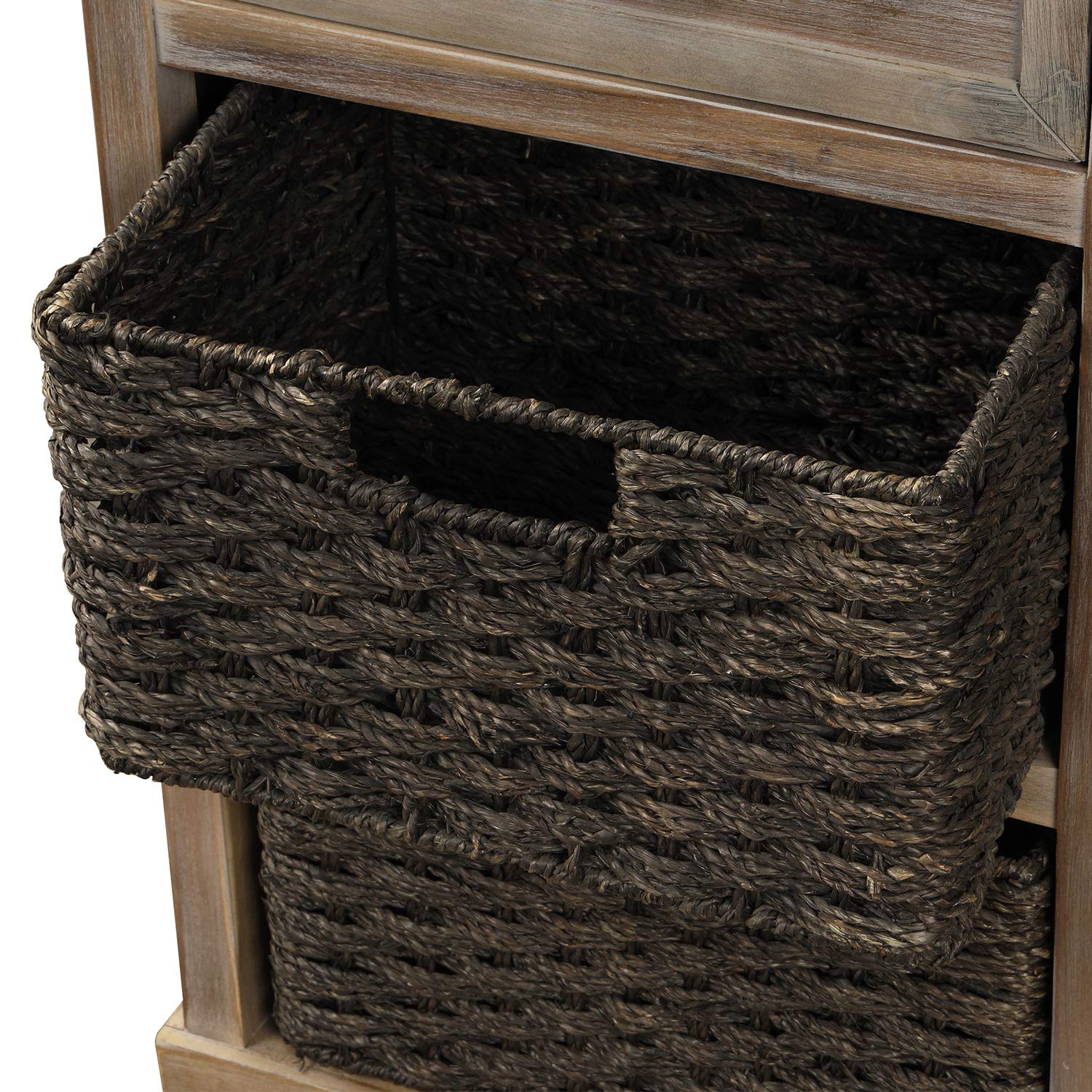 Harper & Bright Designs Rustic White Washed Storage Cabinet with 2 Drawers & 4 Fabric Baskets - Kitchen, Dining Room, Entryway & Living Room Organizer - Farmhouse Style Accent Furniture for Home Storage & Decor