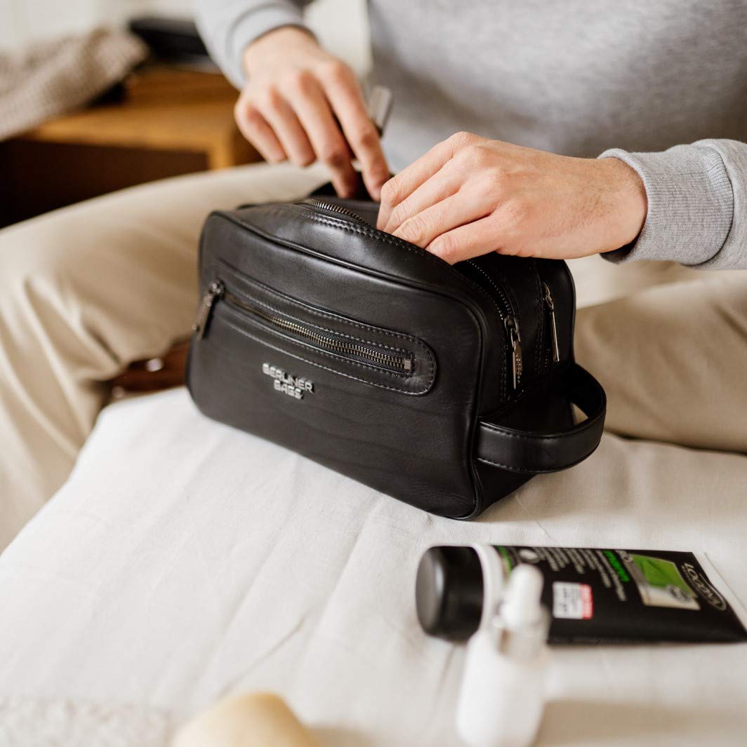 Premium Leather Toiletry Bag for Travel - BERLINER BAGS Max 2 Large Cosmetic Case for Men & Women (Black) | Perfect for Vacation, Gym & Business Trips