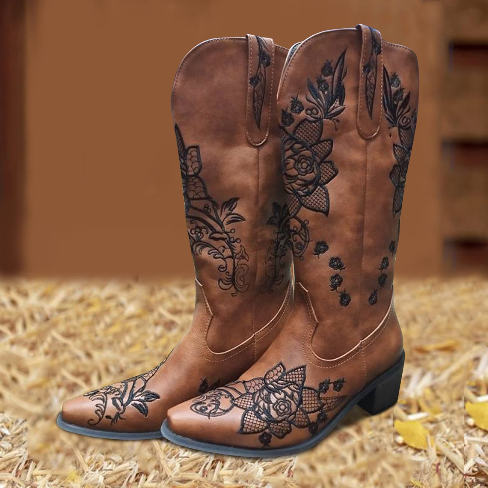 Women's Round Toe Slip On Floral Embroidery Low Heel Booties - Vintage Retro Style Ankle Boots for Casual Wear, Office & Date Night Outfits