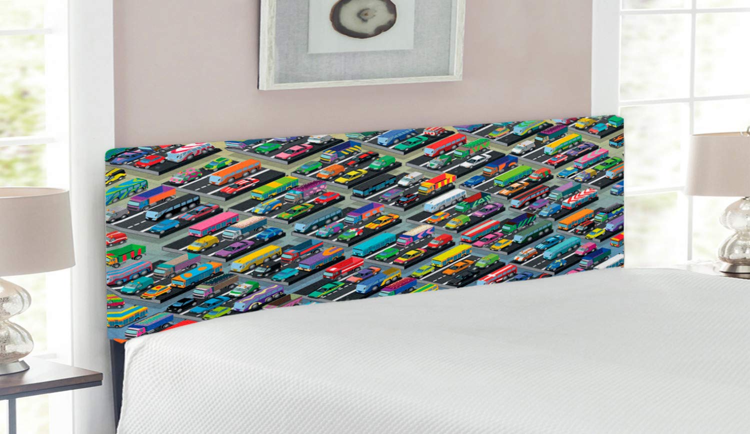 Ambesonne Cars Headboard - Upholstered Decorative Metal Bed Headboard with Memory Foam | Detailed Group of Various Vehicles Design (Parked Cars, Buses, Trucks, Vans) | Queen Size Multicolor Headboard for Bedroom Decor | Perfect for Kids Room, Teen Bedroom & Auto Enthusiasts