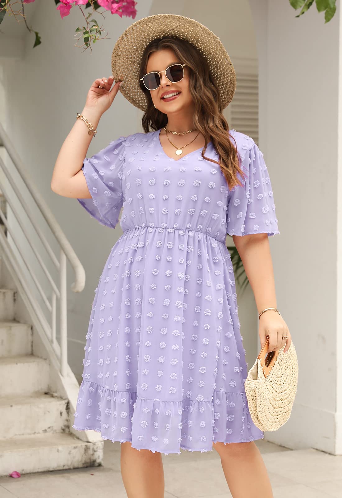 Keluummi Plus Size Wedding Guest Casual Dresses for Curvy Women - Summer Swiss Dot Chiffon Midi A-Line Cocktail Dress | Perfect for Bridal Showers, Garden Parties & Formal Events