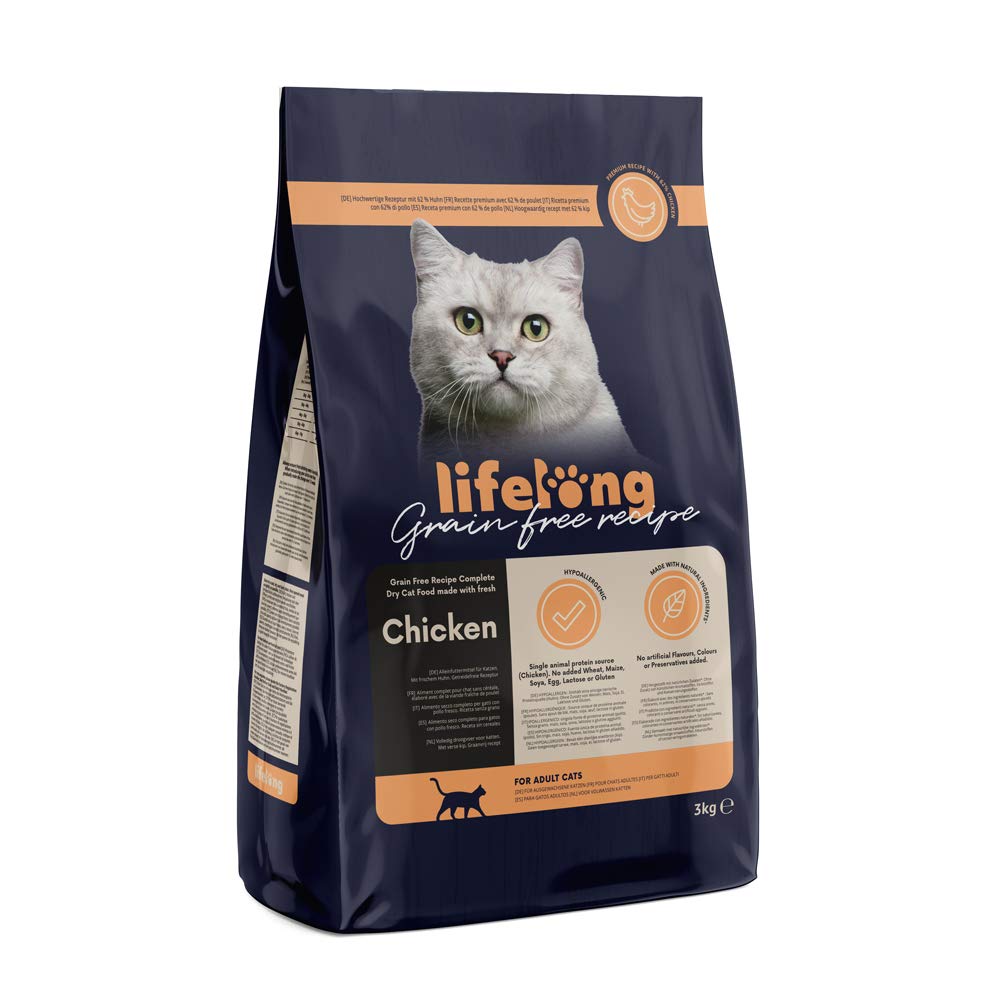 Lifelong Grain-Free Dry Cat Food for Adult Cats with Fresh Chicken - 3kg | High Protein, Natural Ingredients | Perfect for Indoor & Outdoor Cats - Healthy Skin & Coat Support