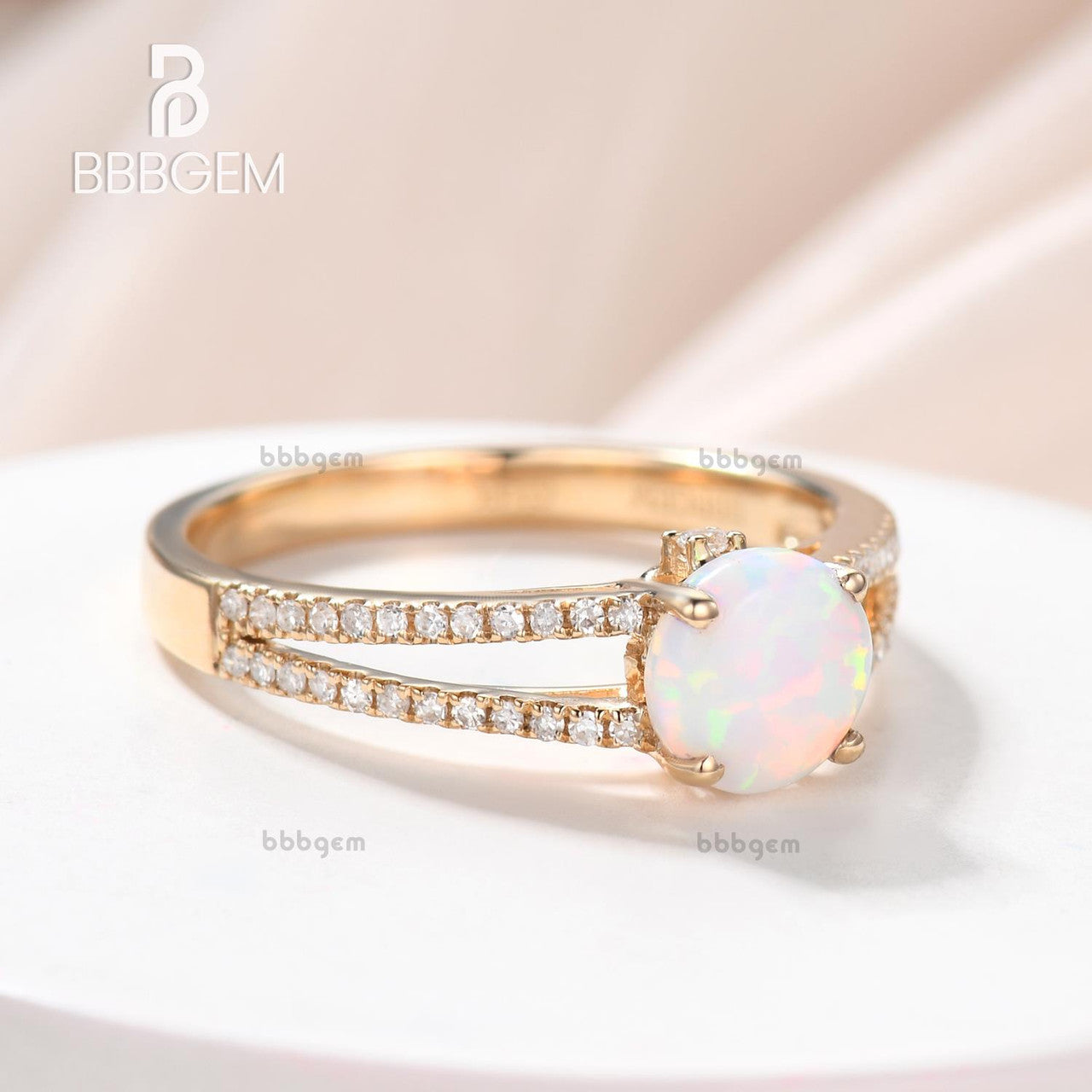 Vintage Opal Engagement Ring - Split Shank Round Cut Opal Wedding Band in Rose Gold | Perfect for Proposals, Anniversaries & Romantic Occasions