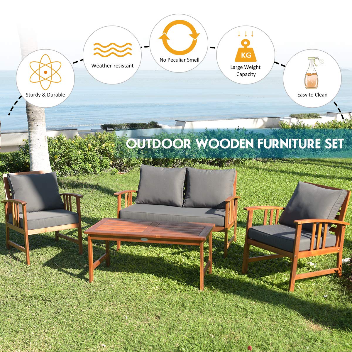 Tangkula 4-Piece Acacia Wood Outdoor Patio Furniture Set with Gray Cushions & Back Pillows - Durable Garden Conversation Set with Coffee Table for Backyard, Poolside, Deck & Patio Relaxation