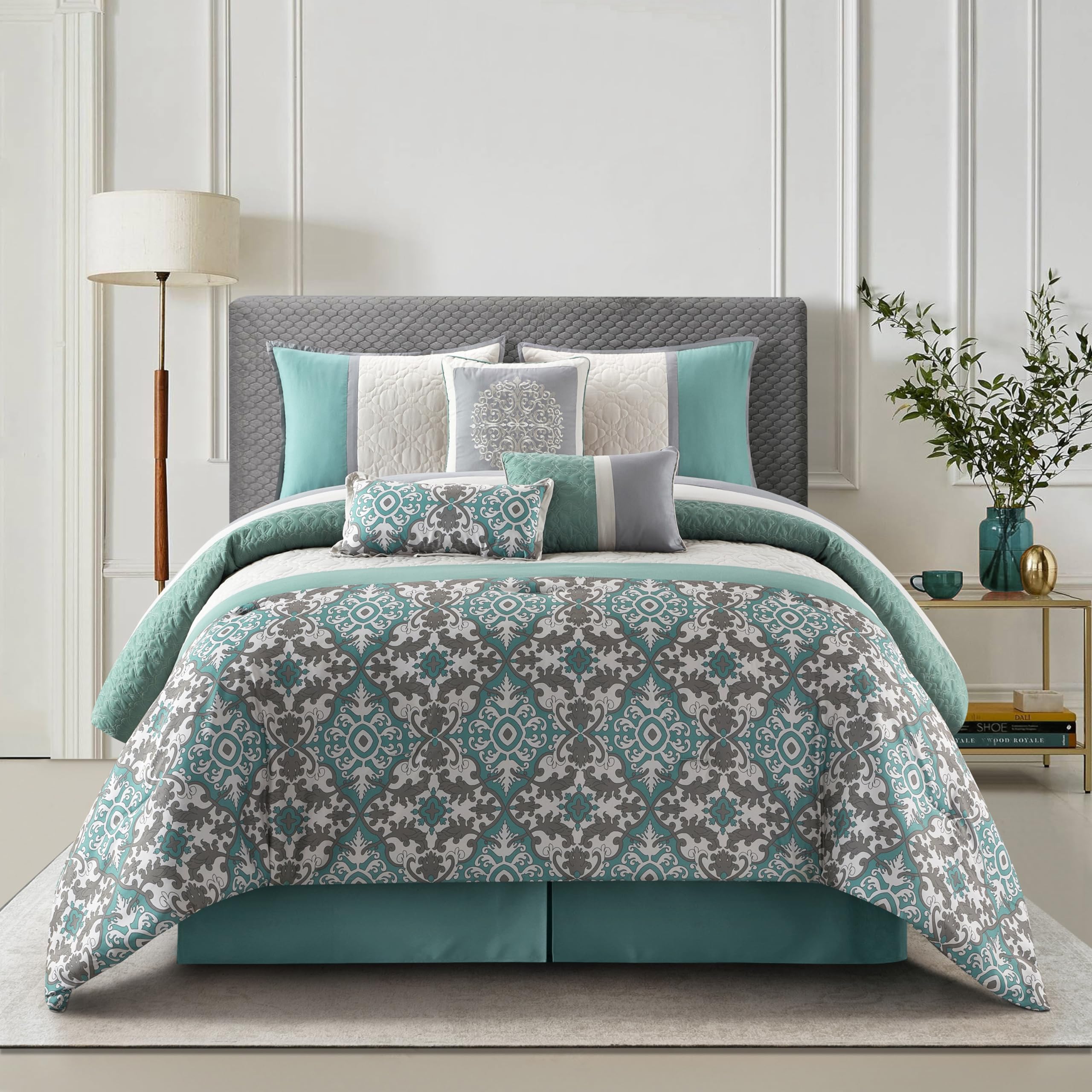 Grand Avenue Teal Comforter Set King Size - 7 Piece All Season Floral Bedding Set with Ultra Soft Comforter, Bed Skirt & Pillow Shams | Luxury Bedroom Decor for Master Bedroom, Guest Room & Dorm