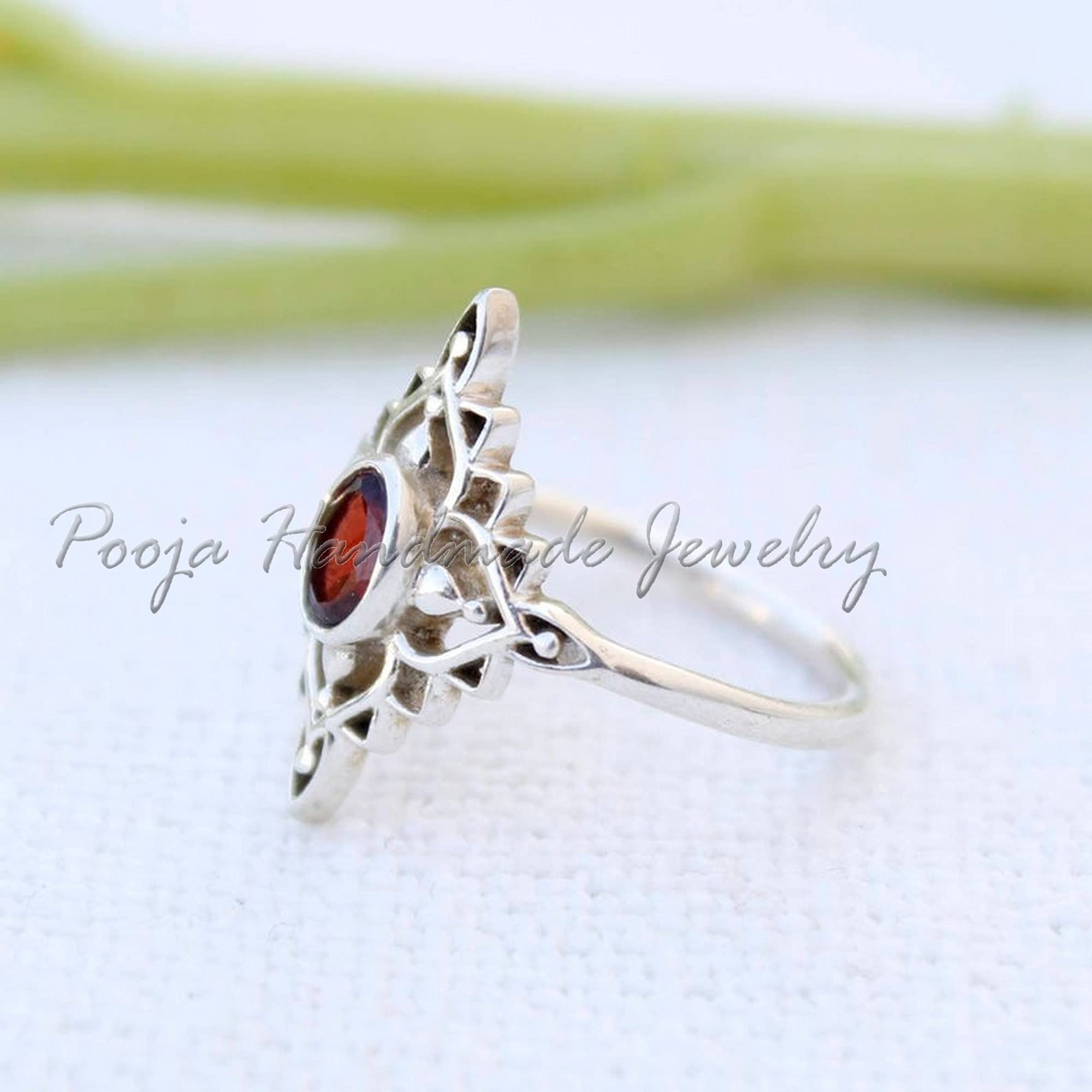 Gorgeous Handmade Sterling Silver Garnet Ring – January Birthstone, Boho Jewelry for Women, Dainty Flower Design, Perfect for Everyday Wear & Engagement