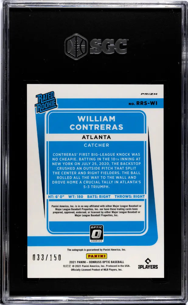 2021 Donruss Optic William Contreras Rated Rookie Auto Purple SGC 10 /150 - MLB Baseball Trading Card for Collectors & Investors - Perfect for Display Cases, Sports Memorabilia Collections & Investment Portfolios