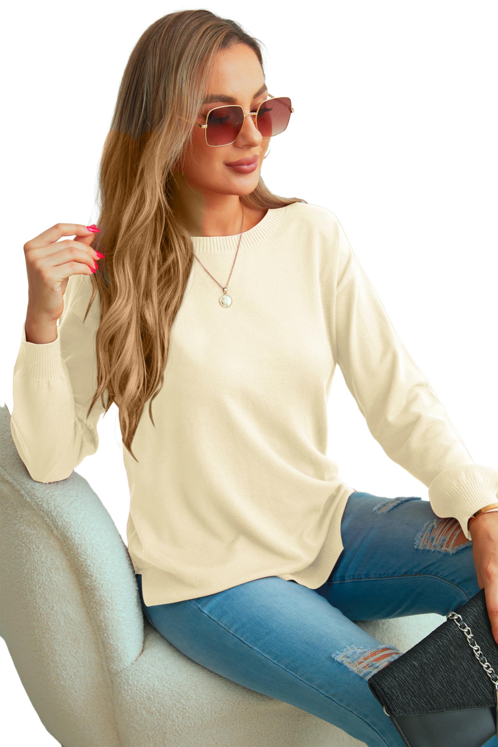 GRECERELLE Women's Lightweight Knit Pullover - Soft Crew Neck Sweater for Casual Wear